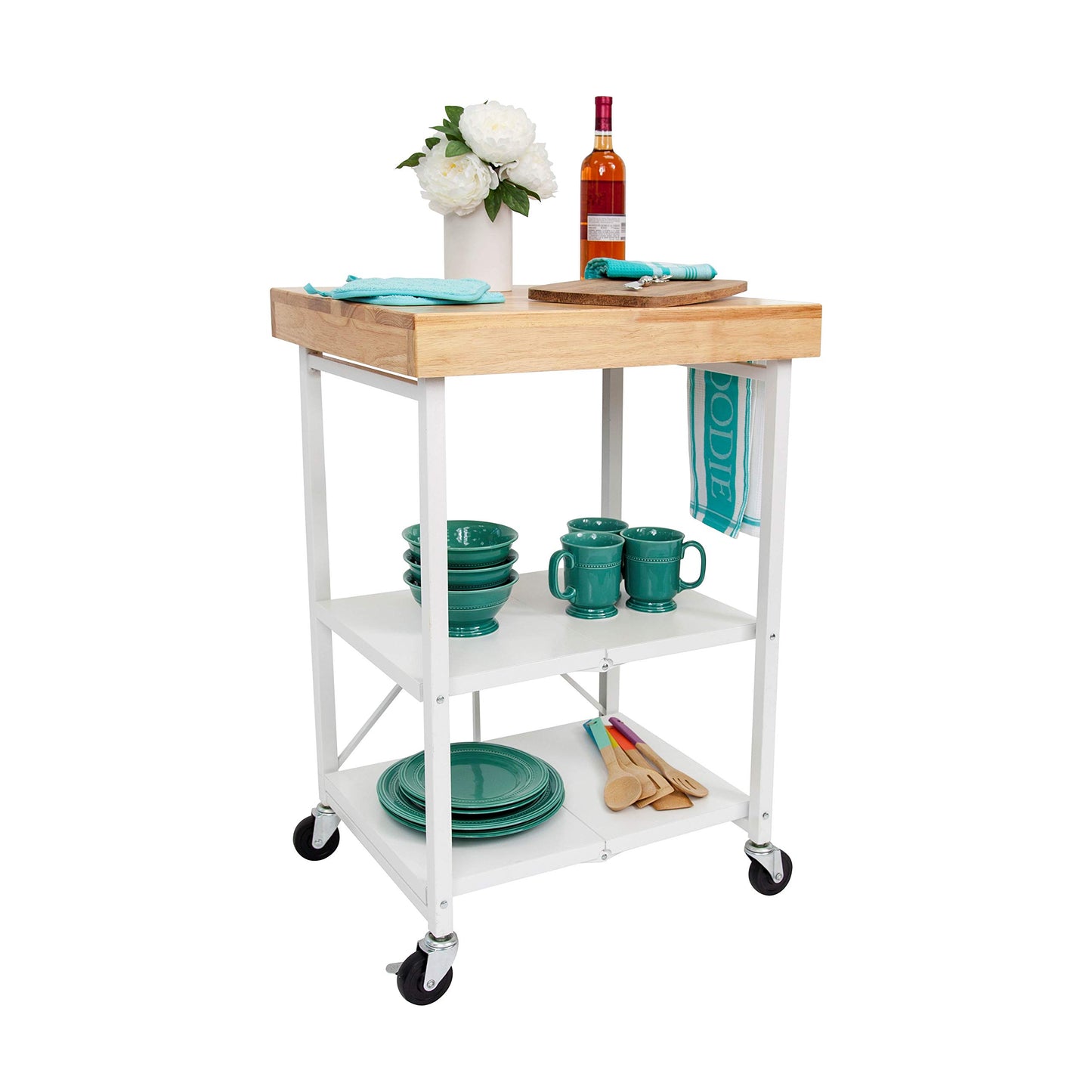 Foldable Storage Cart, Rolling Kitchen Island Storage with Wheels, White