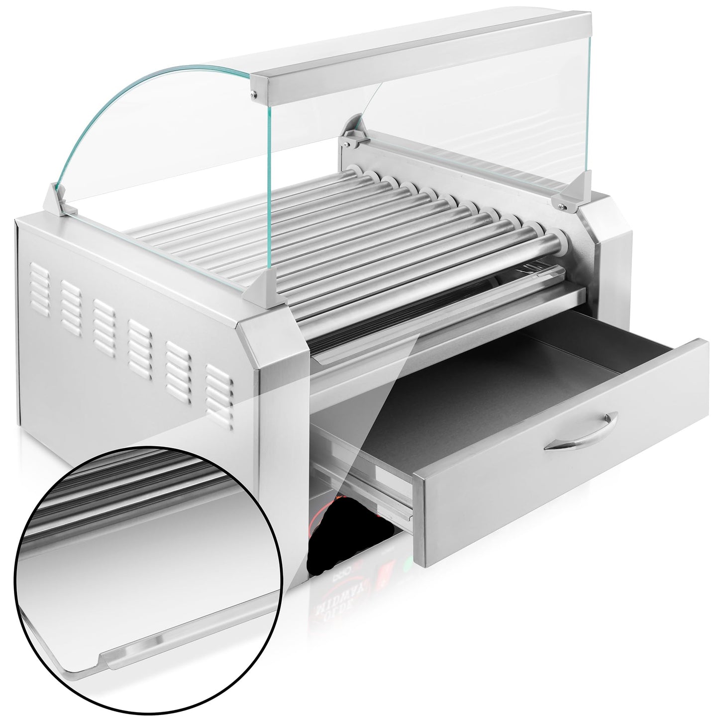 Electric 30 Hot Dog 11 Roller Grill Cooker Machine with Bun Warming Drawer and Cover - Commercial Grade, Stainless Steel