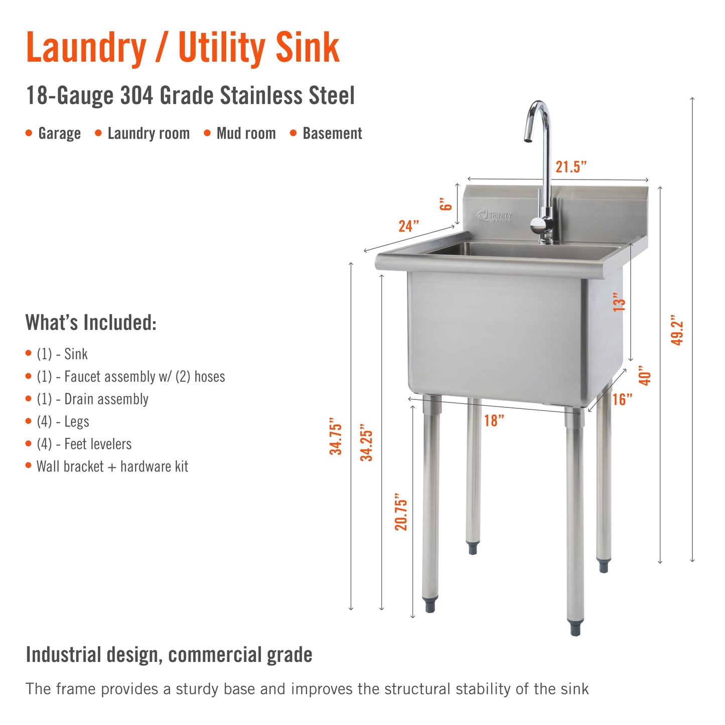 THA-0307 Basics Stainless Steel Freestanding Single Bowl Utility Sink for Garage, Laundry Room, and Restaurants, Includes Faucet, NSF Certified, 49.2 21.5 24-Inch, Chrome