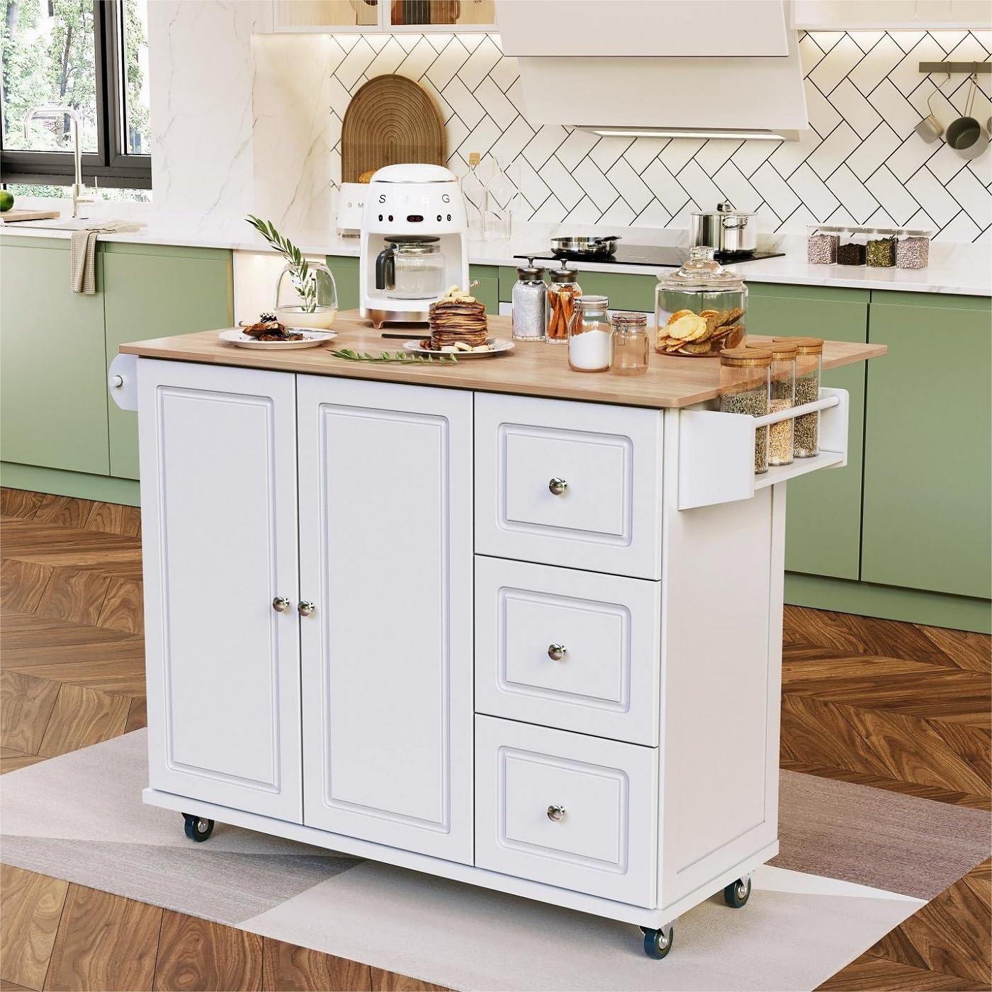 Rolling Kitchen Island on Wheels with Drop-Leaf, Mobile Kitchen Island Cart with 3 Drawers Storage Cabinet, Wood Countertop, Adjustable Shelf, Towel Bar and Spice Rack for Dining Room, White