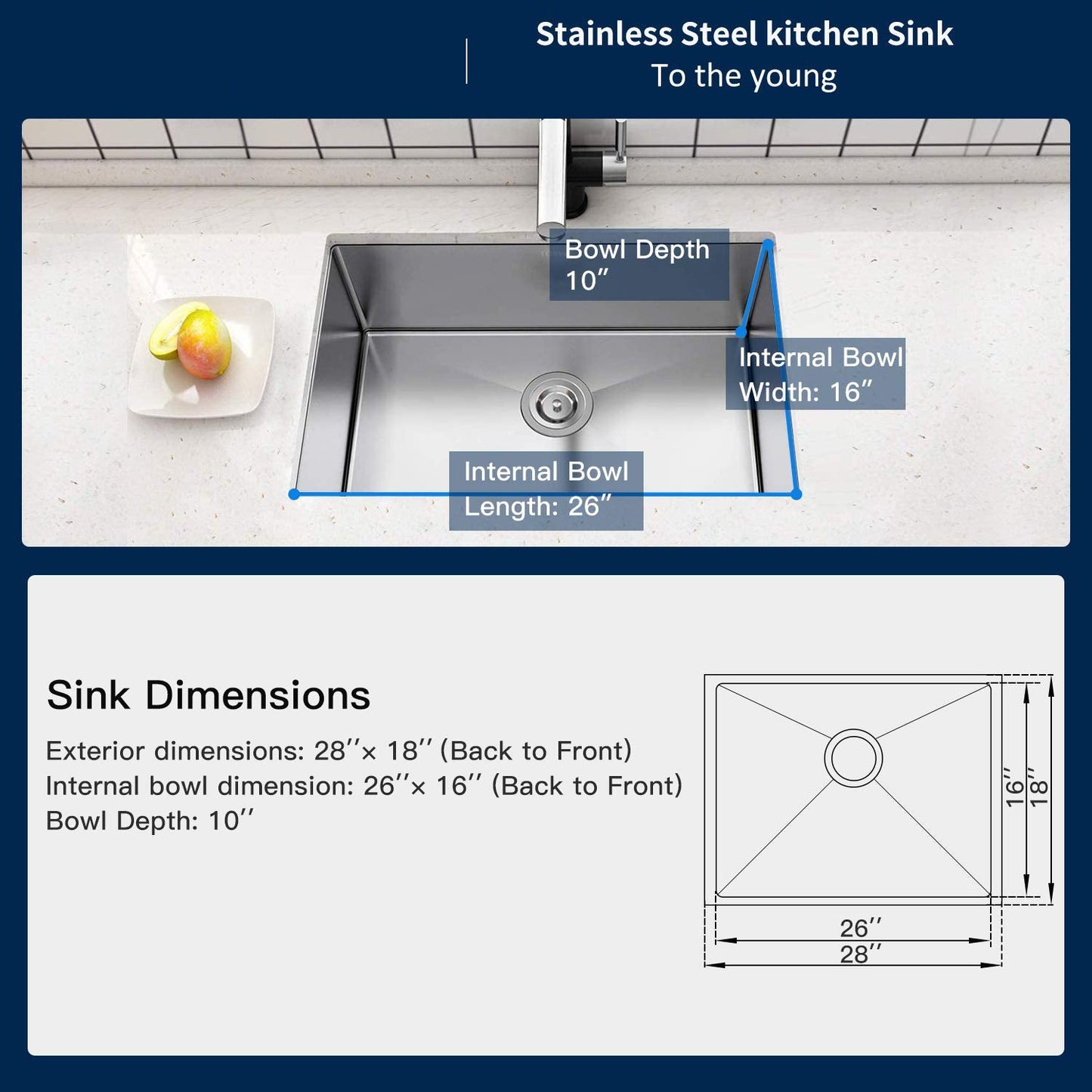 28-Inch Undermount Kitchen Sink, Premium 304 Stainless Steel Bar Sink - 10 Inches Deep Basin Single Bowl Sink