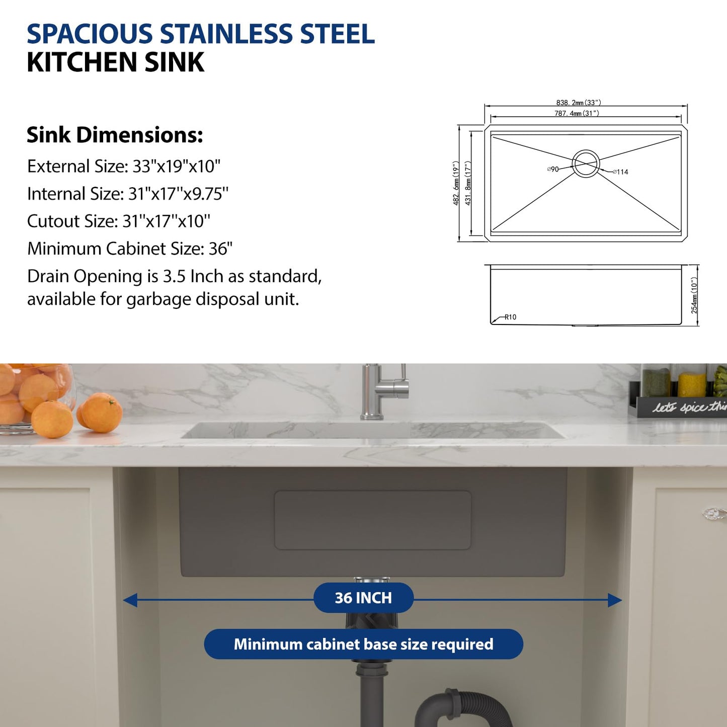 33 Kitchen Sink Undermount - 33 x 19 Inch Undermount Sink Ledge Workstation Deep Single Bowl 16 Gauge Stainless Steel Under Counter Kitchen Sink Basin