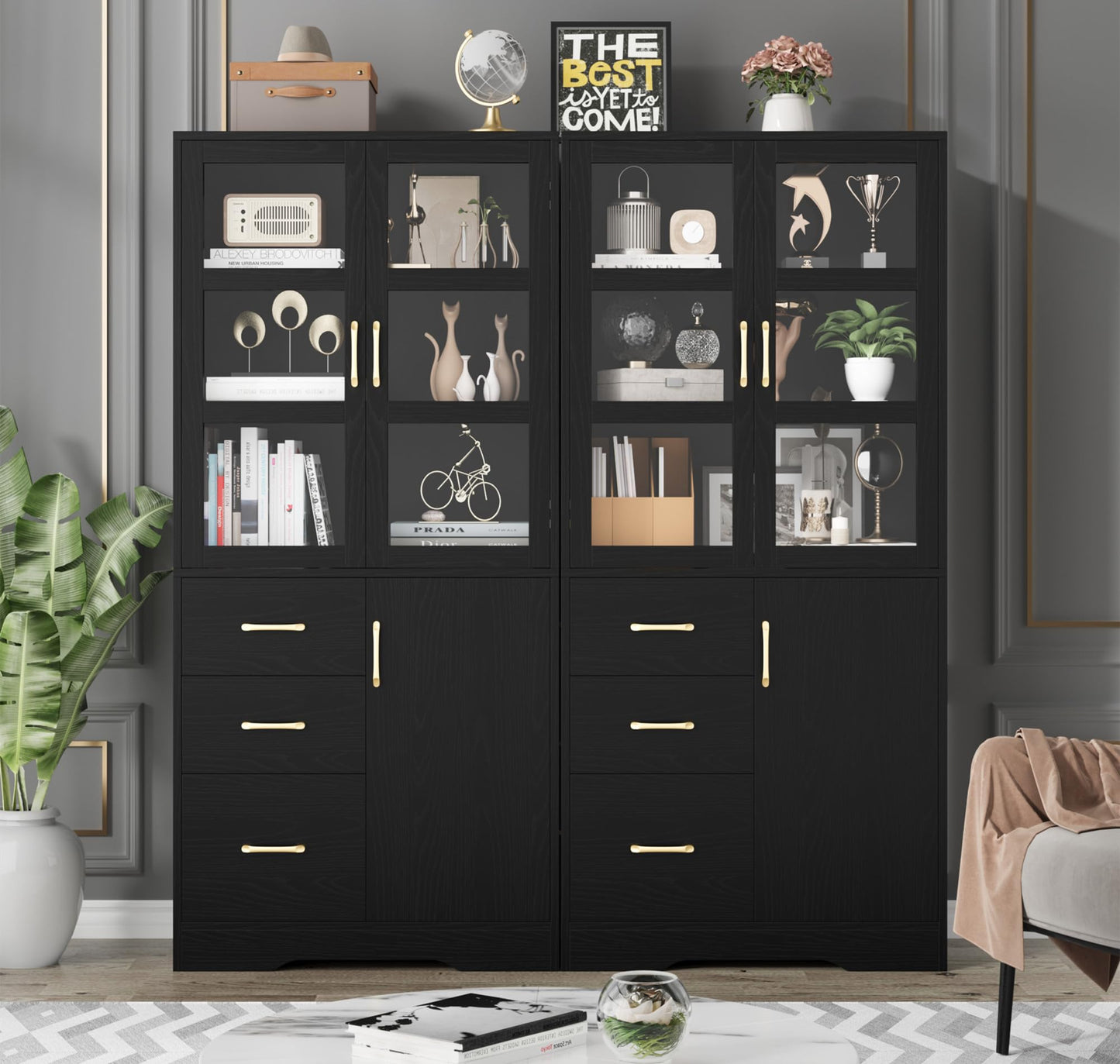 Tall Storage Cabinet with Glass Display Cabinet Doors & Shelves & 3 Drawers, 67”H Kitchen Pantry Cabinet with Gold Handle, Modern Linen Cabinet for Living, Kitchen and Dining Room, Office, Black