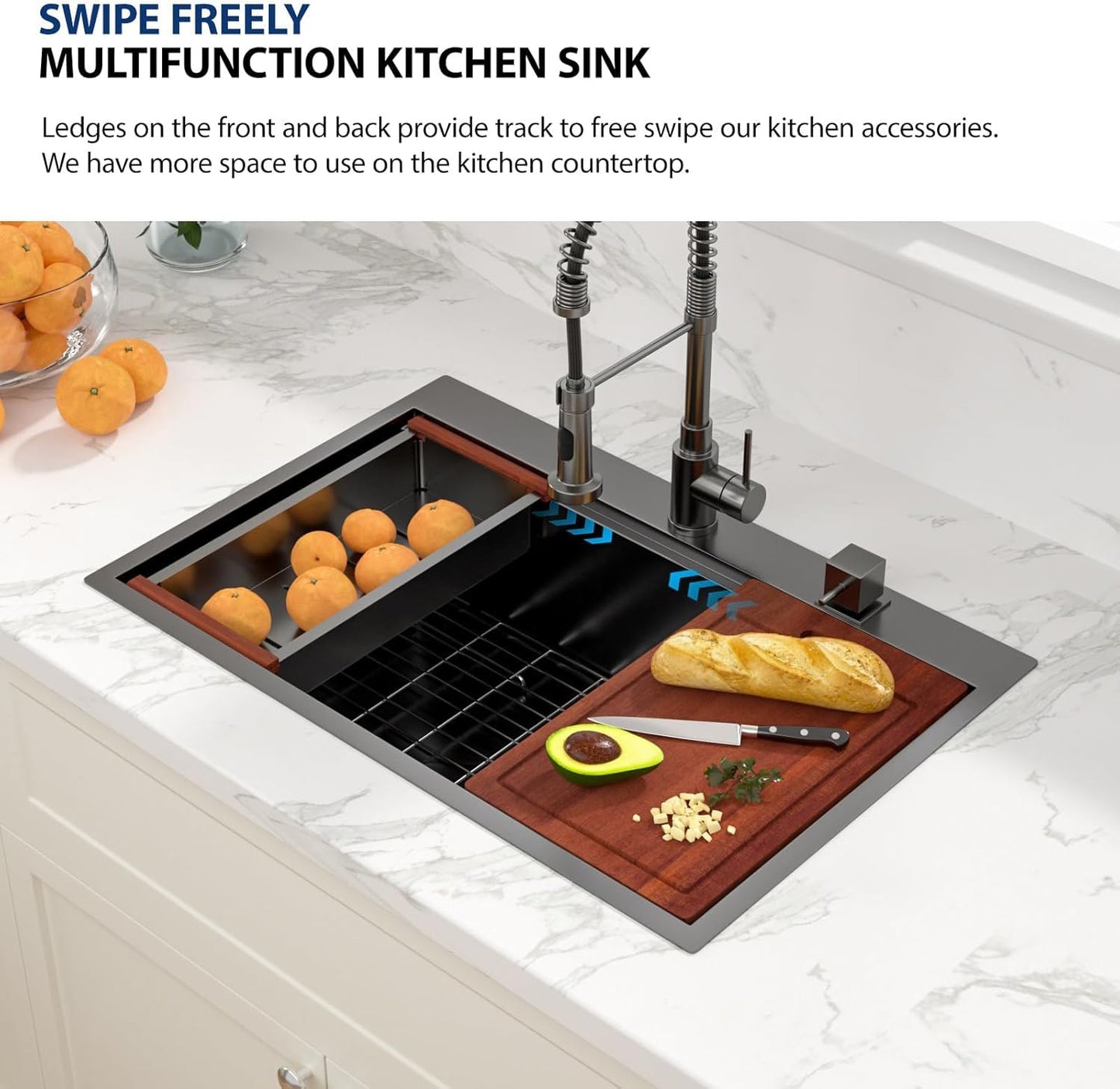 33 Inch Black Drop In Kitchen Sink Workstation - 33x19 Drop In Kitchen Sink Black Stainless Steel Topmount Workstation Sink 16 Gauge Deep Single Bowl Top-mount Kitchen Sink