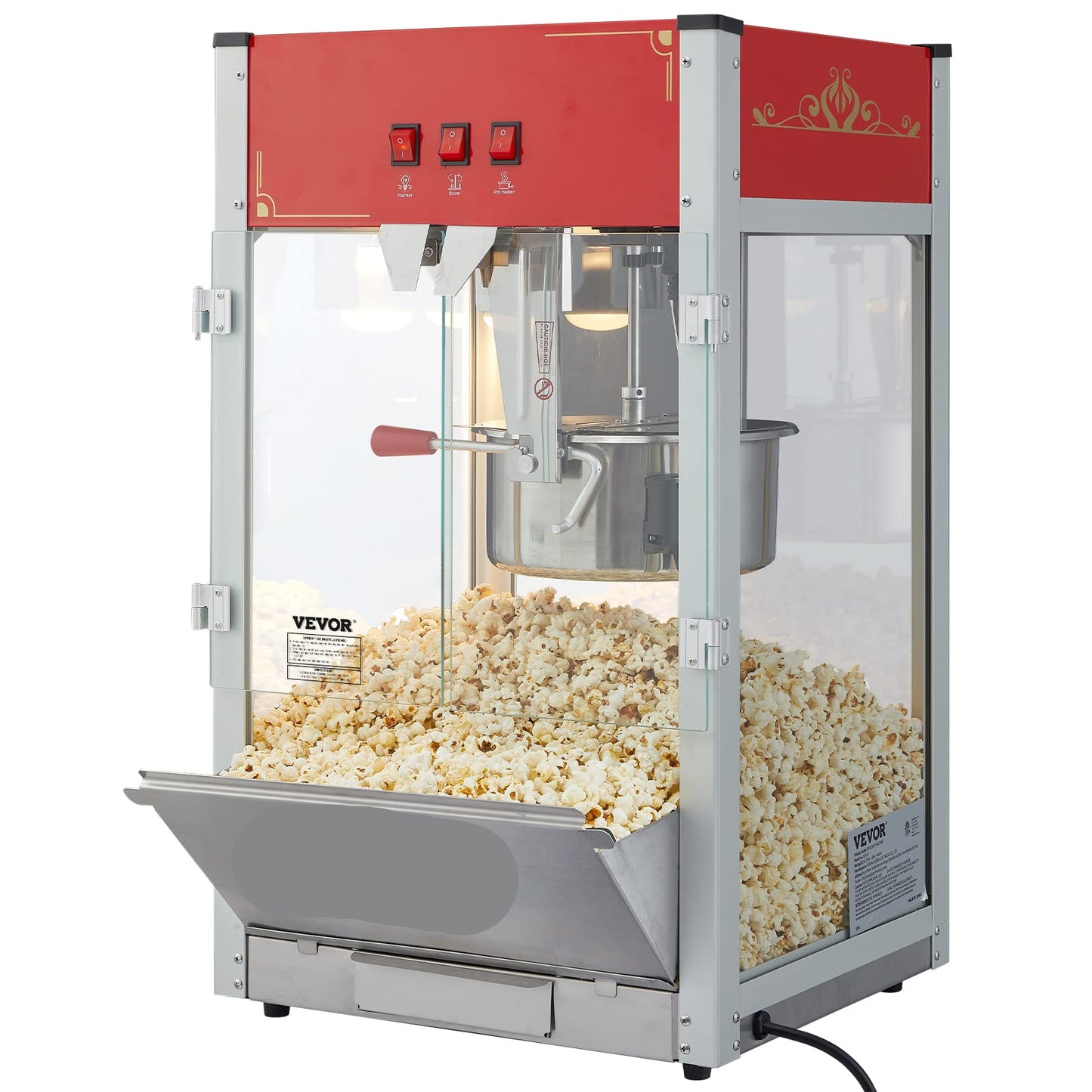 Commercial Popcorn Machine, 12 Oz Kettle, 1440 W Countertop Popcorn Maker for 80 Cups per Batch, Theater Style Popper with 3-Switch Control Steel Frame Tempered Glass Doors 1 Scoop 2 Spoons, Red