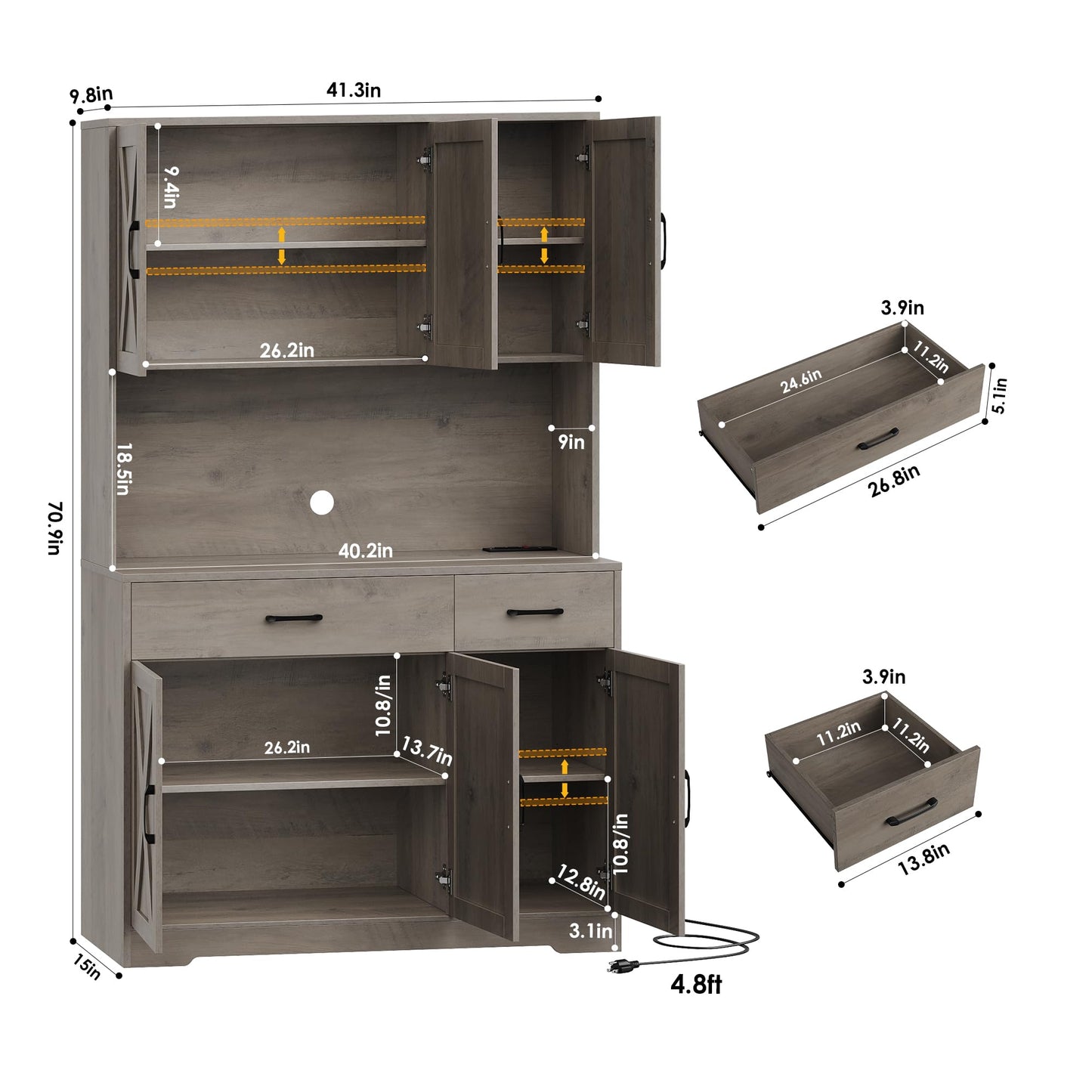 71" Pantry Cabinet with Charging Station, Tall Kitchen Pantry Storage Cabinet with Microwave Stand, Farmhouse Kitchen Hutch Cabinet with Storage Drawers for Living Room, Dining Room, Ash Grey