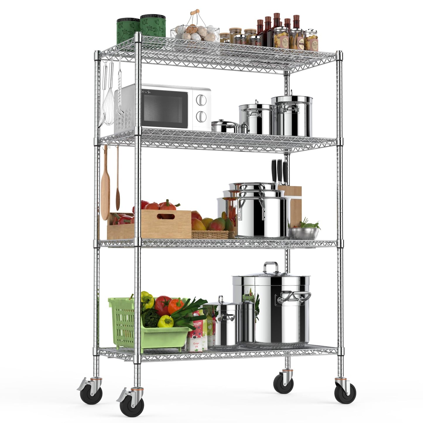 Wire Shelving Unit with Wheels, 4 Tier Adjustable Storage Shelves 48"×24"×72", 2400LBS Heavy Duty Shelving Commercial Grade Metal Storage Utility Rack for Kitchen Garage, Chrome