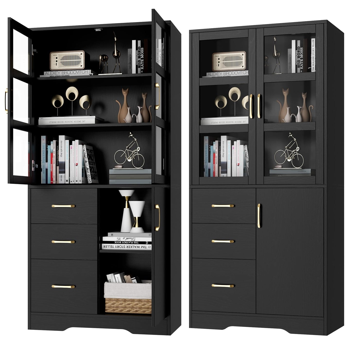 Tall Storage Cabinet with Glass Display Cabinet Doors & Shelves & 3 Drawers, 67”H Kitchen Pantry Cabinet with Gold Handle, Modern Linen Cabinet for Living, Kitchen and Dining Room, Office, Black