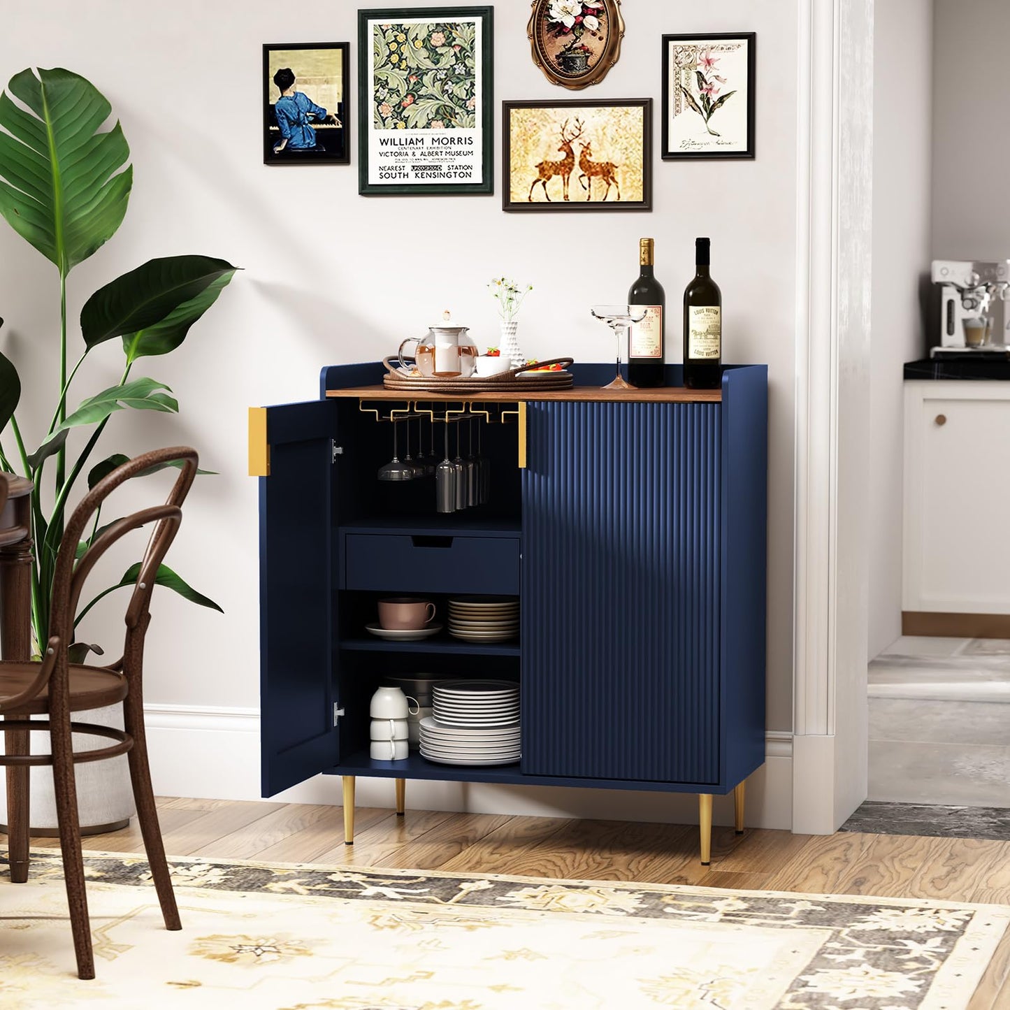 Sideboard Buffet Cabinet with Fluted Texture, Modern Coffee Bar Cabinet with Wine Rack&Drawers, Blue Liquor Cabinet for Kitchen Dining Room, Living Room