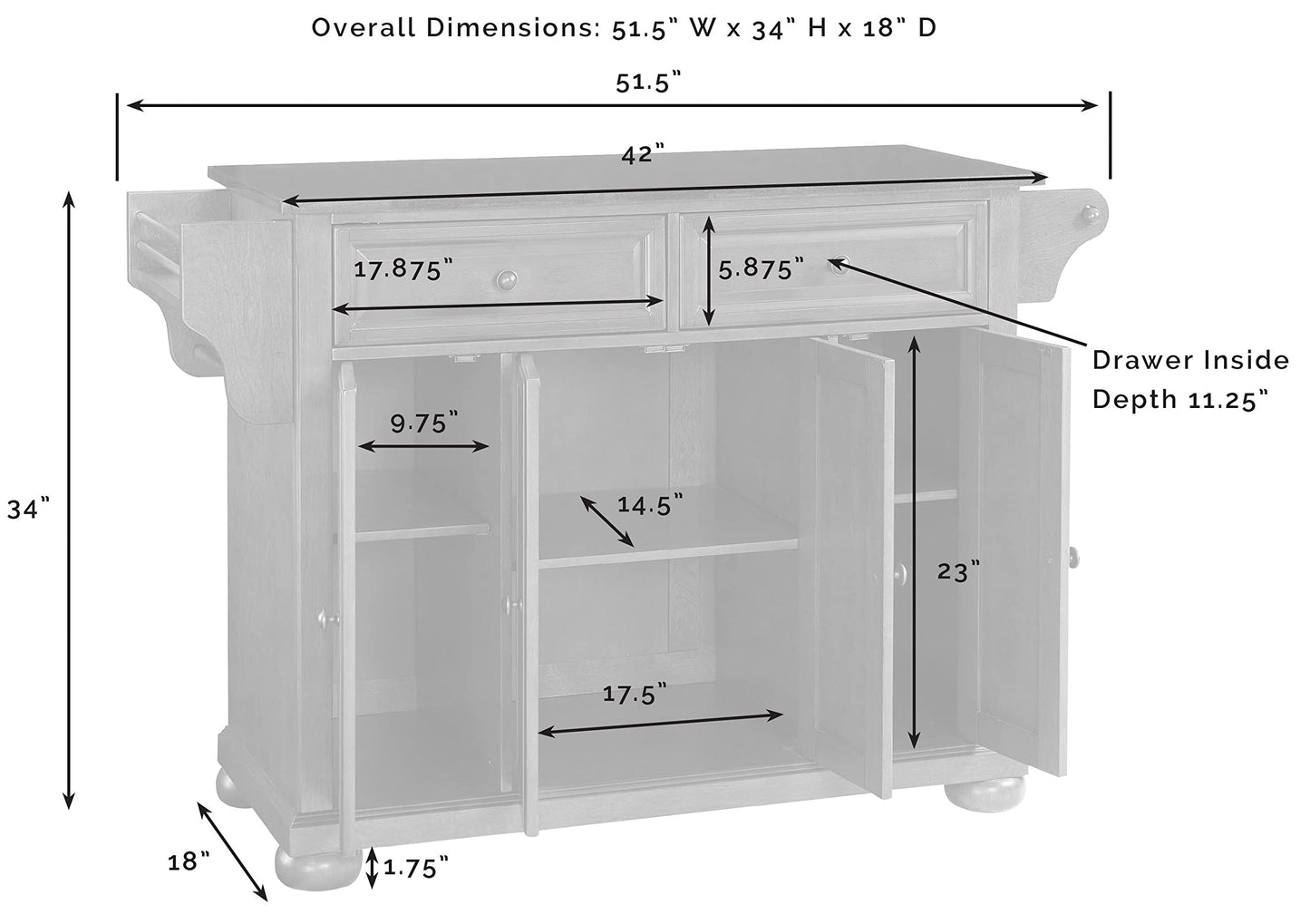 Alexandria Wood Top Rolling Kitchen Island Storage Cart, Microwave Stand, Spice Rack, White