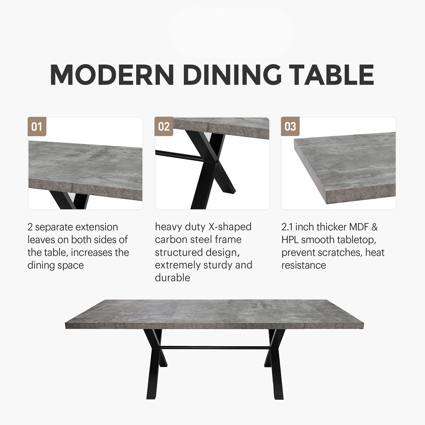 Expandable Dining Table for 6-8 Seat, Modern Rectangle Design with Extension Leaf for Kitchen Restaurant, Thicker Top and Carbon Steel Pedestal