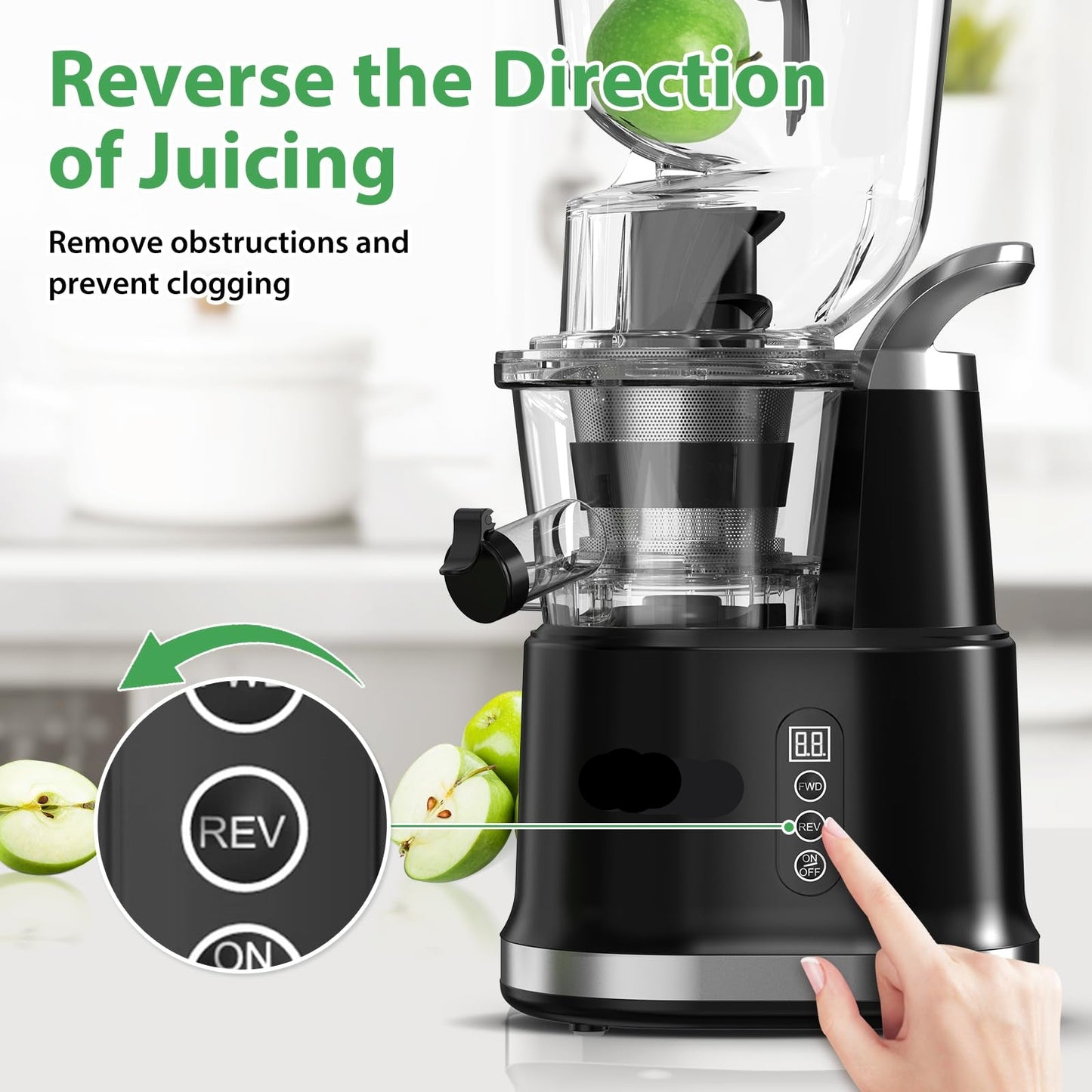 Cold Press Juicer, Juicer Machines with Large Feed Chute, Large Capacity, Slow Masticating Juicer for Fruits and Vegetables, Self Feeding for Juice Extractor,BPA-Free, Black