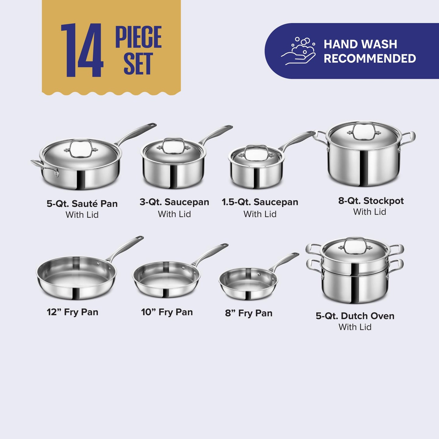 Stainless Steel Cookware Set | 5 Ply, 14-Piece, Induction, Non-Toxic, Oven Safe | Best 18/8 Full Clad | Professional Kitchen Cooking, Heavy Chef