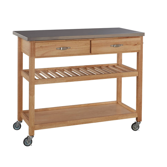 Home Styles Natural Designer Utility Kitchen Cart with Stainless Steel Top, Two Utility Drawers, Adjustable Shelf and Industrial Casters, Optional Wine Storage,Brown