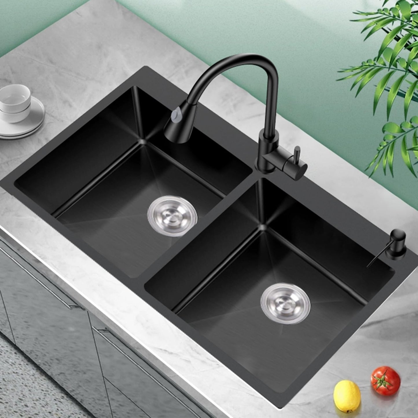 Black Double Bowl Sink - 50/50, 33x22x9-Inch Topmount - Stainless Steel - Drop In - Includes Sink Grid, Soap Dispenser, Drain Strainer