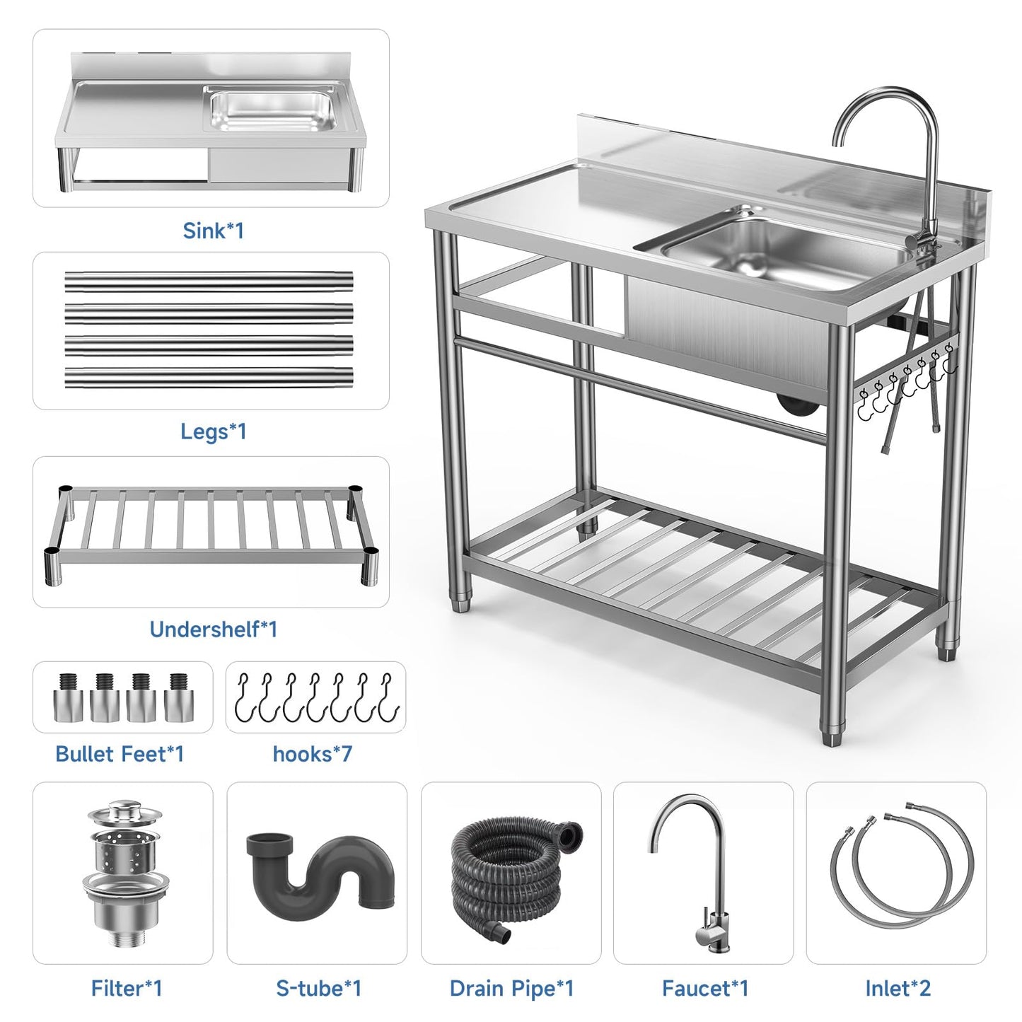 Stainless Steel Prep & Utility Sink With Countertop Faucet Hose Free Standing Single Bowl Commercial Kitchen Sink Workbench/Drainboard with Legs Hooks Shelf for Restaurant Laundry Room Garage Outdoor