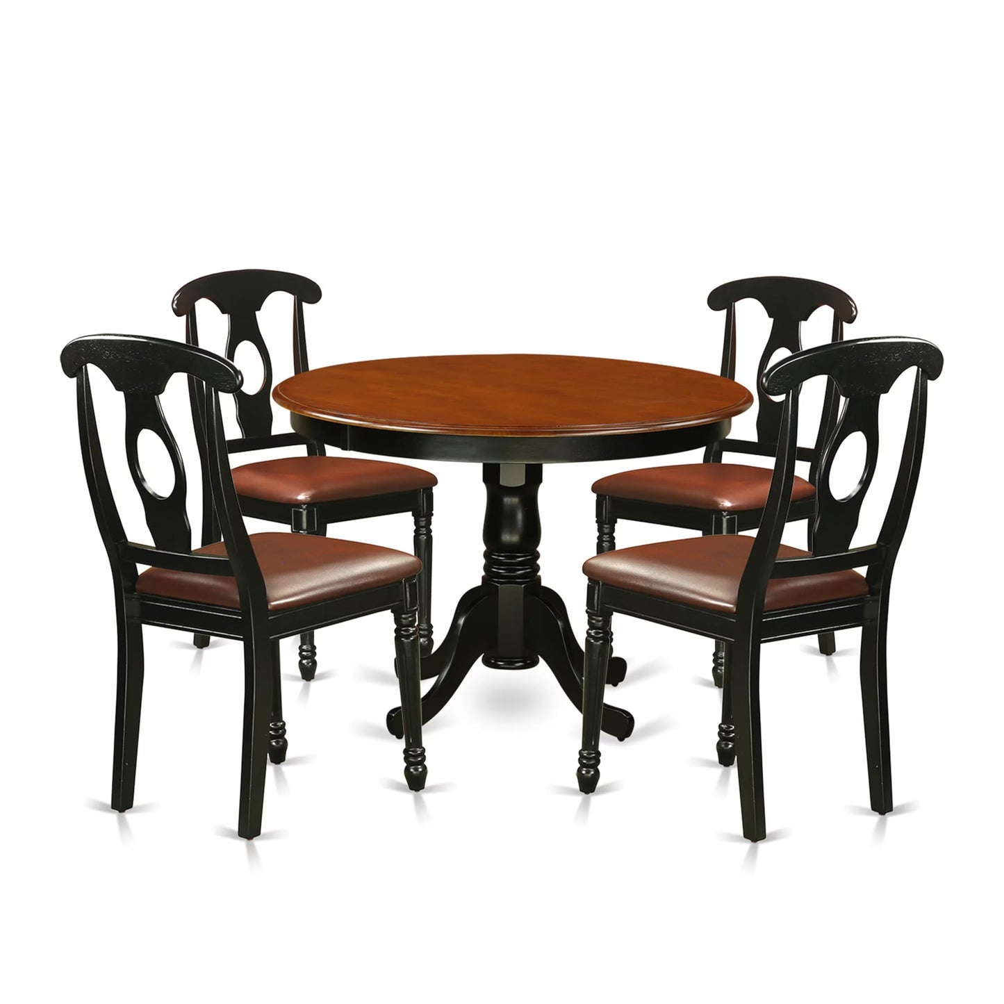 5 Piece Kitchen Table & Chairs Set Includes a Round Dining Room Table with Pedestal and 4 Faux Leather Upholstered Dining Chairs, 42x42 Inch, Black & Cherry