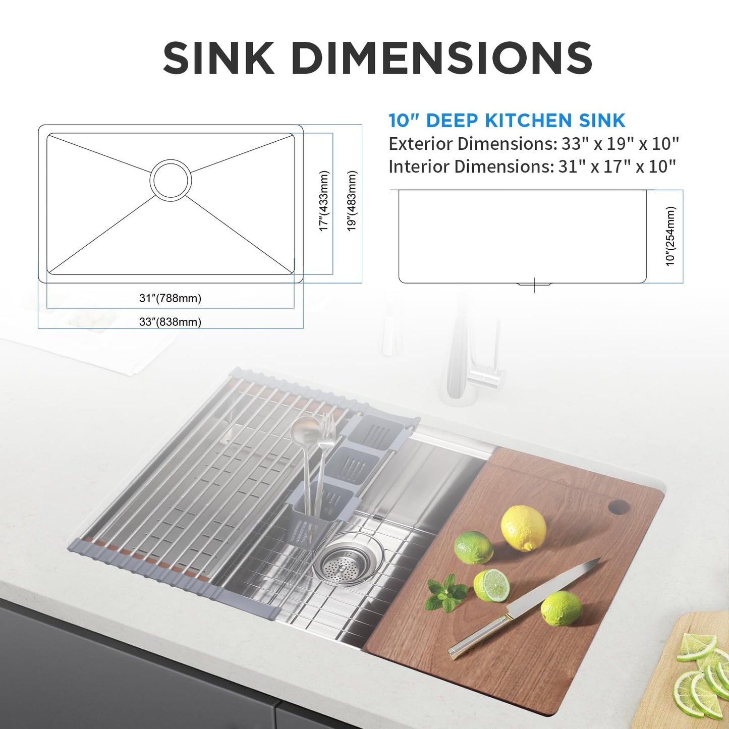 33 Inch Undermount Kitchen Sink with Quiet Drain - 11 Gauge Stainless Steel Sink Single Bowl - Multifunctional Handmade Modern Integrated Ledge Workstation Set - 33" x 19" x 10"