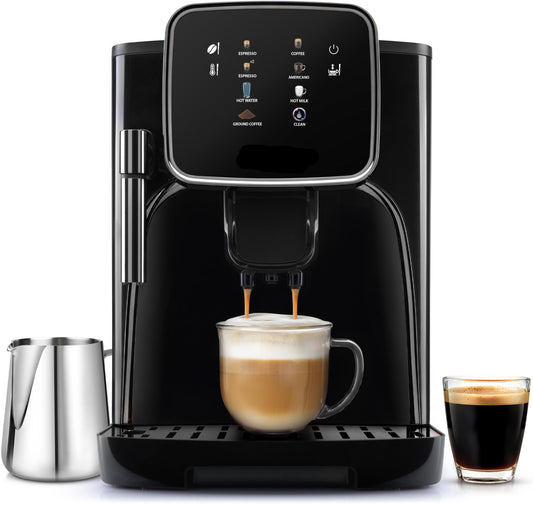 Fully Automatic Espresso Machine With Grinder - Touch Screen Coffee Maker With One-Touch Operation - Milk Foam System For Latte, Cappuccino, Macchiato - Black