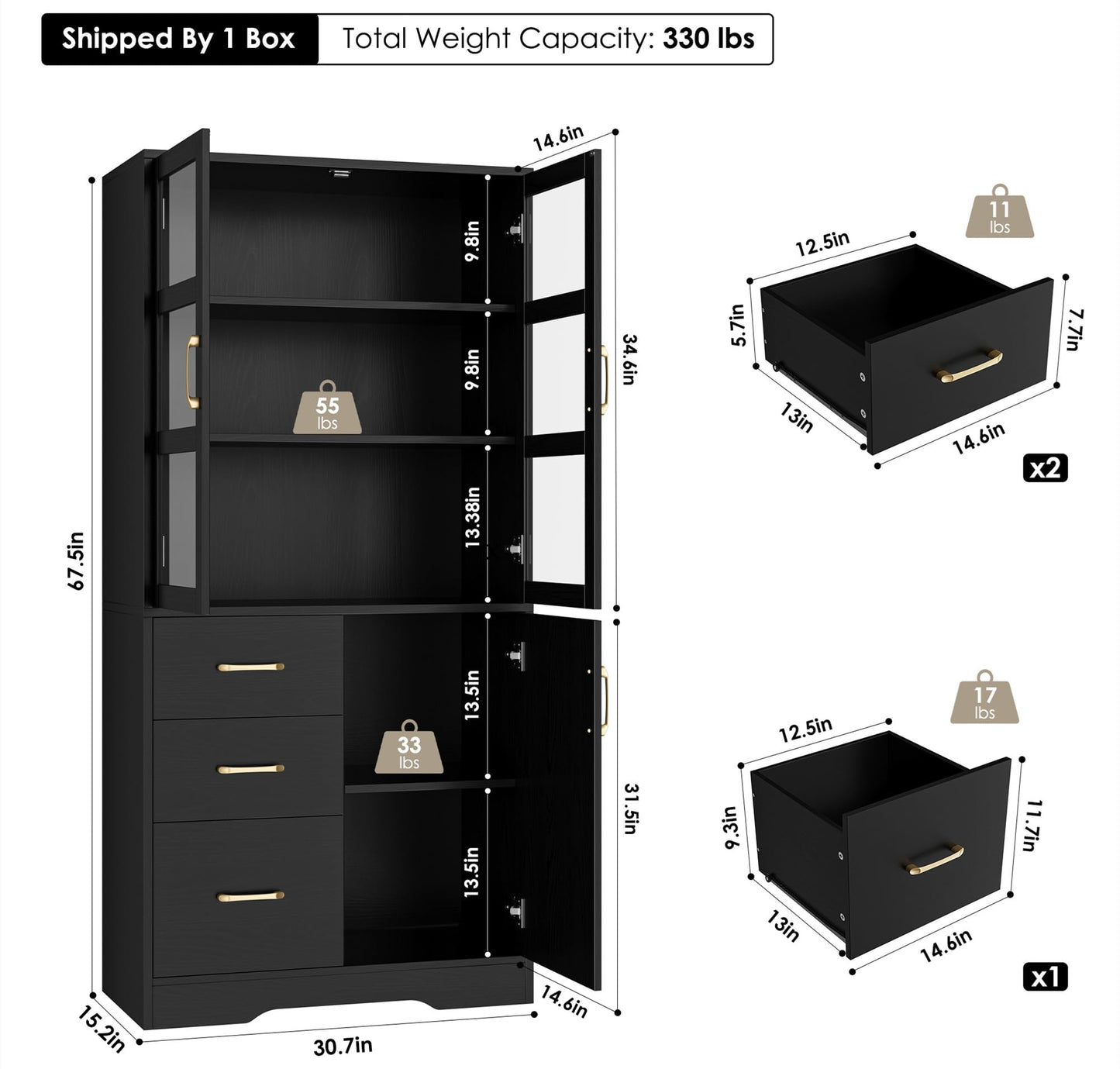 Tall Storage Cabinet with Glass Display Cabinet Doors & Shelves & 3 Drawers, 67”H Kitchen Pantry Cabinet with Gold Handle, Modern Linen Cabinet for Living, Kitchen and Dining Room, Office, Black