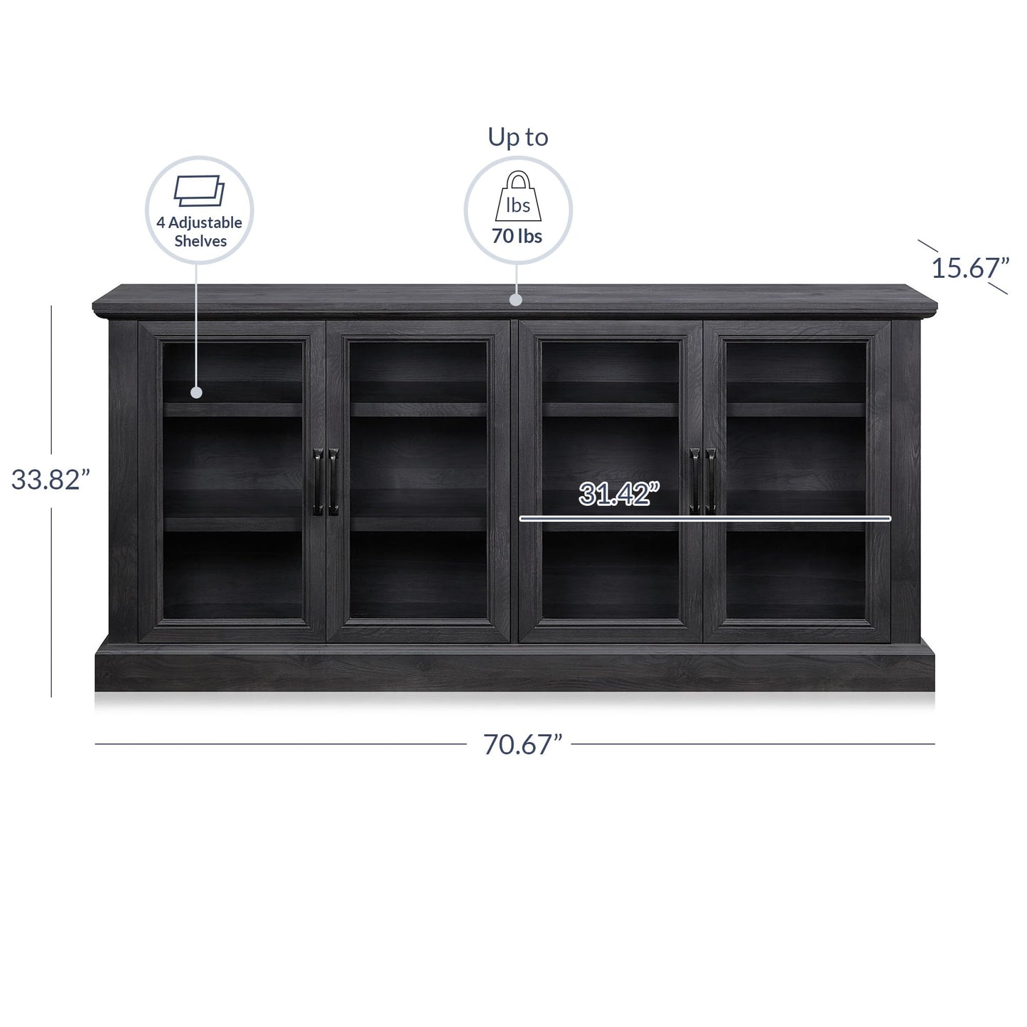 70 Inch Sideboard Buffet Cabinet, Entertainment Center with Storage, Glass Display Cabinet with Adjustable Shelves Console Table Storage Cabinet for Living Room, Dining Room, Rustic Gray