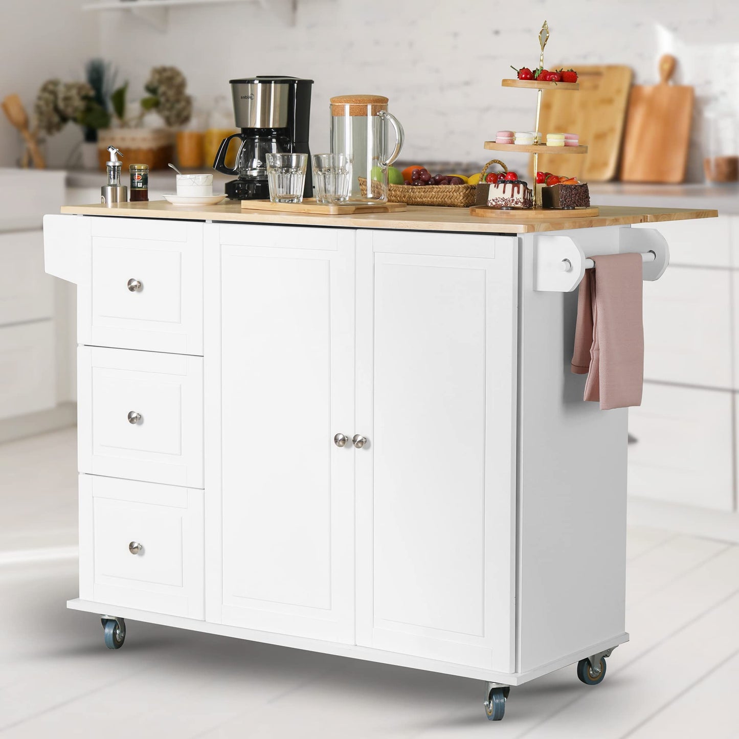 Rolling Kitchen Island on Wheels with Drop-Leaf, Mobile Kitchen Island Cart with 3 Drawers Storage Cabinet, Wood Countertop, Adjustable Shelf, Towel Bar and Spice Rack for Dining Room, White