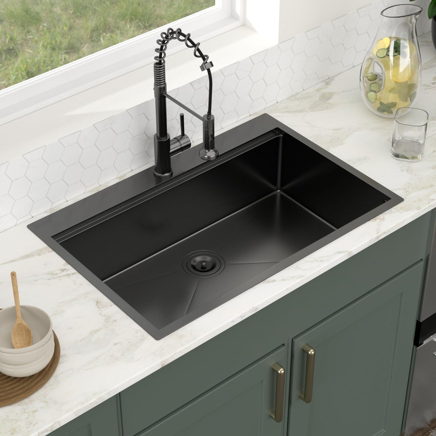 33 Inch Drop In Kitchen Sink - 33x22 Workstation NANO-PVD Gunmetal Black Sink16 Gauge Stainless Steel Drop in Ledge Sink Single Bowl Topmount Sink 33x22x9 Inches Overmount Sink