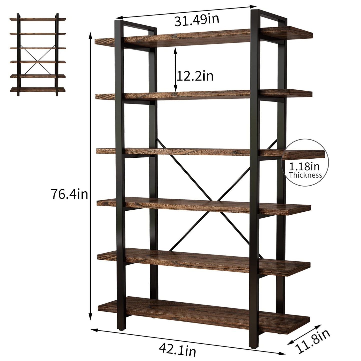 Solid Wood Bookcase and Book Shelves Wood and Metal Shelving Unit 5 Tier Bookshelf Modern Rustic Open Bookshelf Office,Distressed Brown (AY-02-6Tier)