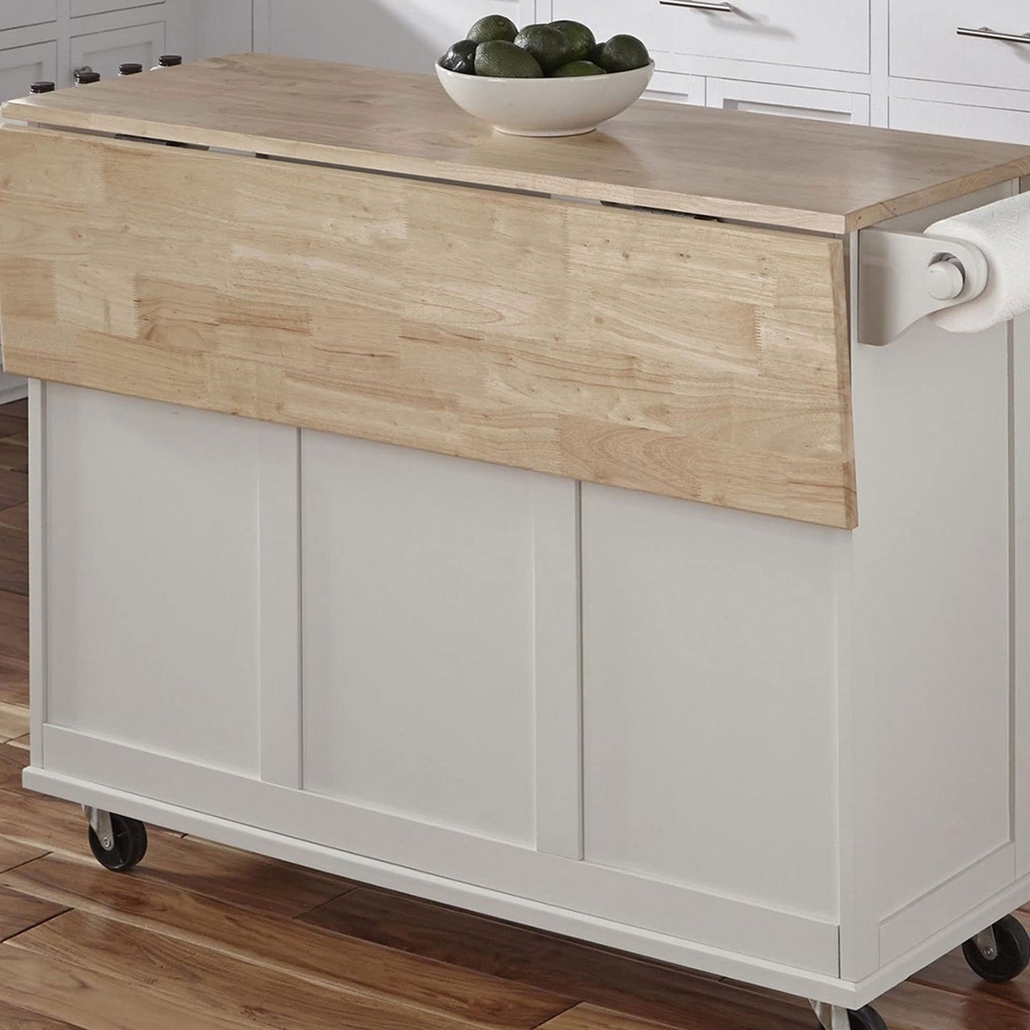 Dolly Madison Off-White Mobile Kitchen Island Cart with Wood Drop Leaf Breakfast Bar