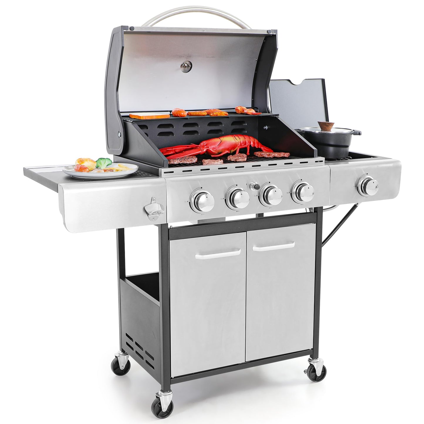 4-Burner Propane Gas BBQ Grill with Side Burner & Porcelain-Enameled Cast Iron Grates, 42,000 BTU Output Stainless Steel Grill for Outdoor Cooking Kitchen and Patio Backyard Barbecue