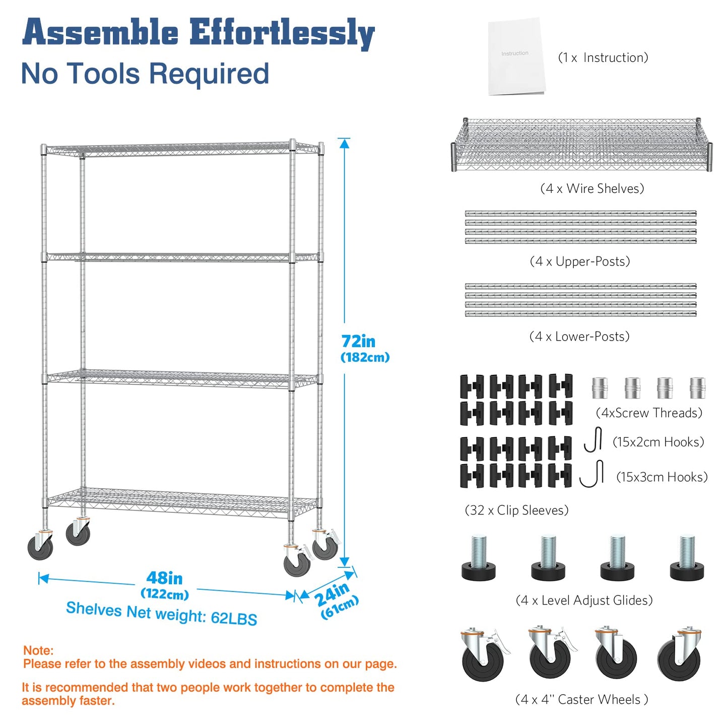 Wire Shelving Unit with Wheels, 4 Tier Adjustable Storage Shelves 48"×24"×72", 2400LBS Heavy Duty Shelving Commercial Grade Metal Storage Utility Rack for Kitchen Garage, Chrome