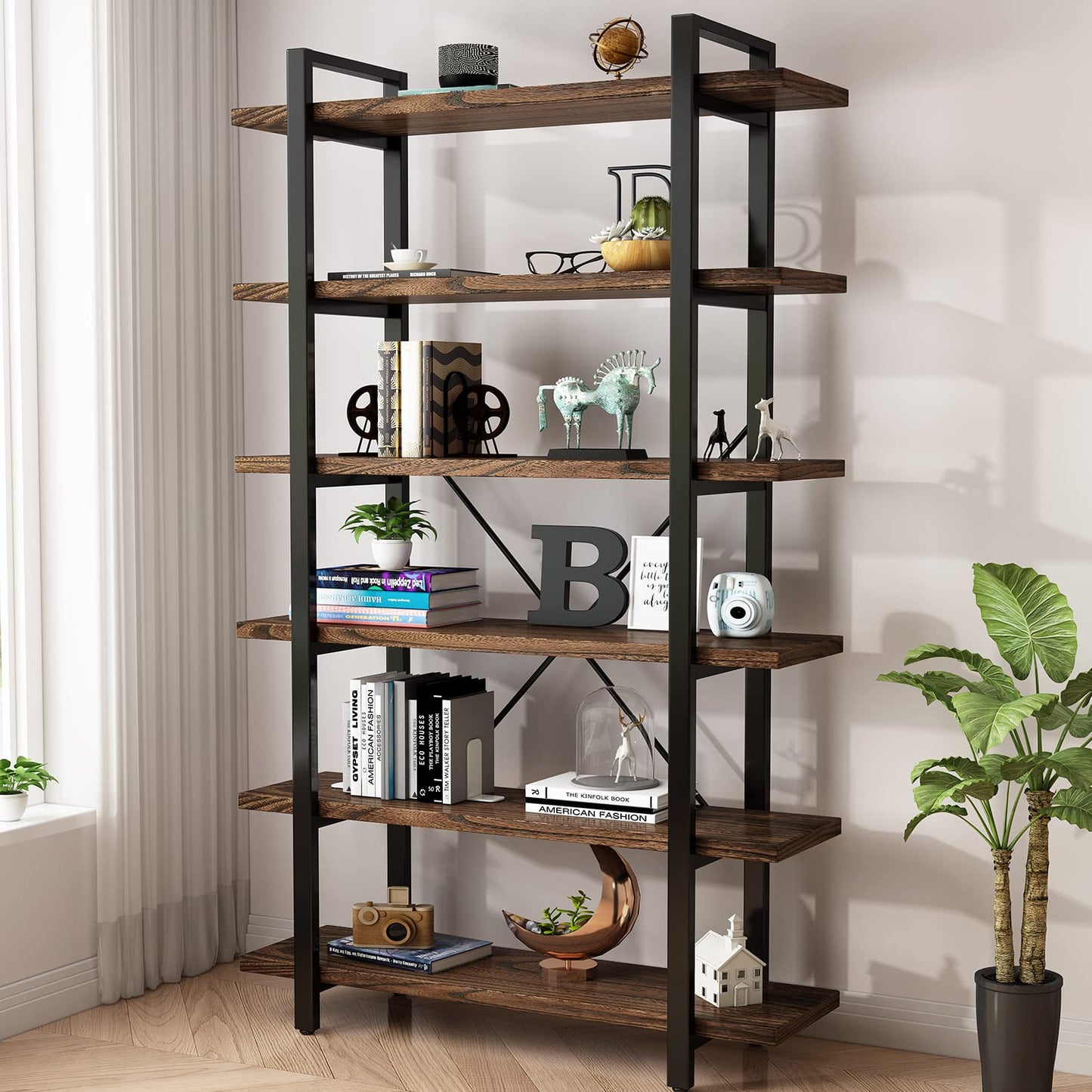 Solid Wood Bookcase and Book Shelves Wood and Metal Shelving Unit 5 Tier Bookshelf Modern Rustic Open Bookshelf Office,Distressed Brown (AY-02-6Tier)