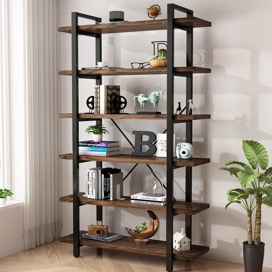 Solid Wood Bookcase and Book Shelves Wood and Metal Shelving Unit 5 Tier Bookshelf Modern Rustic Open Bookshelf Office,Distressed Brown (AY-02-6Tier)