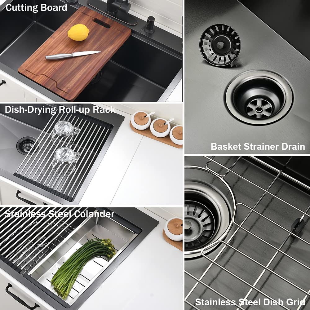 30 Inch Black Drop in Kitchen Sink Workstation - 30x22-Inch Single Bowl Kitchen Sink 16 Gauge Stainless Steel 10'' Deep Handmade Kitchen Sink with Cutting Board& Strainer