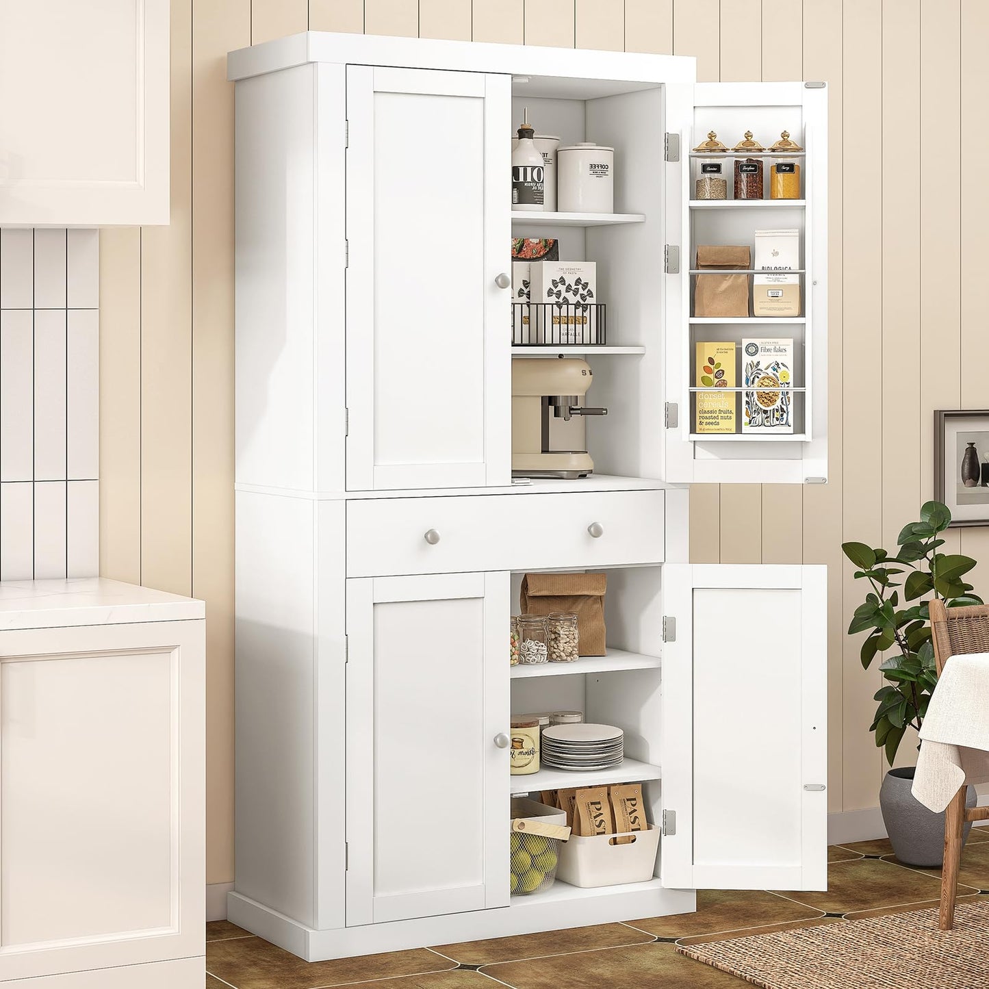 72” Kitchen Pantry Cabinet, Tall Storage Cabinet with 4 Doors and 1 Drawer, Cupboard with 6 Hanging Shelves and Adjustable Shelves for Kitchen, Dining Room, Living Room, White