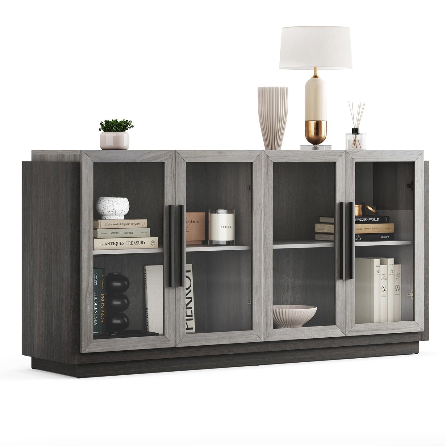 Sideboard Buffet Cabinet, Modern Wood Glass-Buffet-Sideboard with Storage, Console Table for Kitchen, Dining Room, Living Room, Hallway, or Entrance - Brixston (Grey)