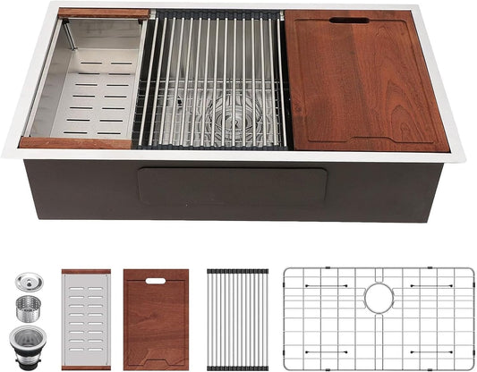 32 Undermount Kitchen Sink -  32x19 Inch Stainless Steel Kitchen Sinks Ledge Workstation 16 Gauge Single Bowl Under Counter Handmade Sink with Cutting Board