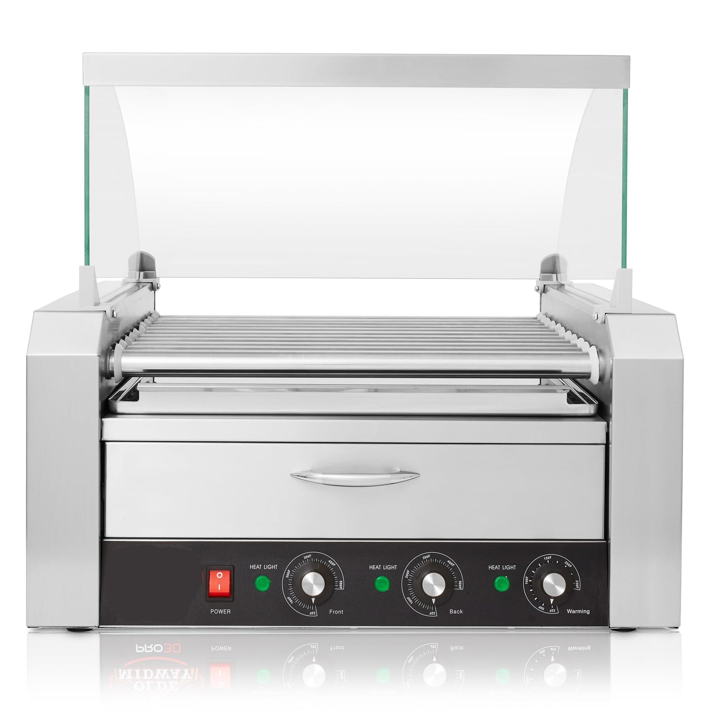 Electric 30 Hot Dog 11 Roller Grill Cooker Machine with Bun Warming Drawer and Cover - Commercial Grade, Stainless Steel