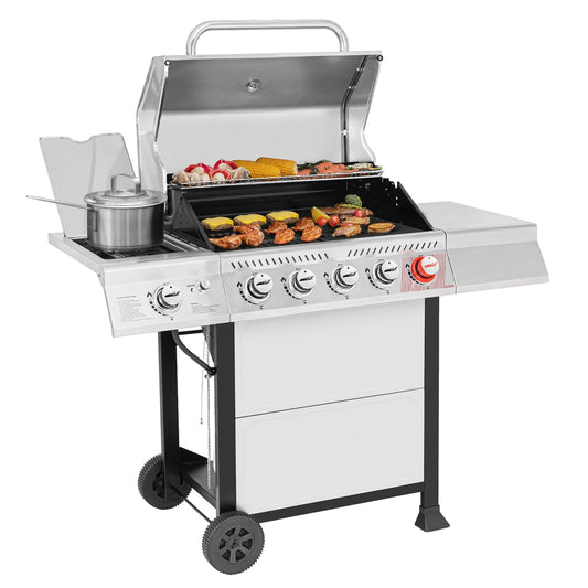 GA5401T 5-Burner Propane Gas Grill with Sear Burner and Side Burner, Stainless Steel BBQ Grill with 632 Sq. In. Grilling Area for Outdoor Barbecue Cooking, 64,000 BTUs, Silver