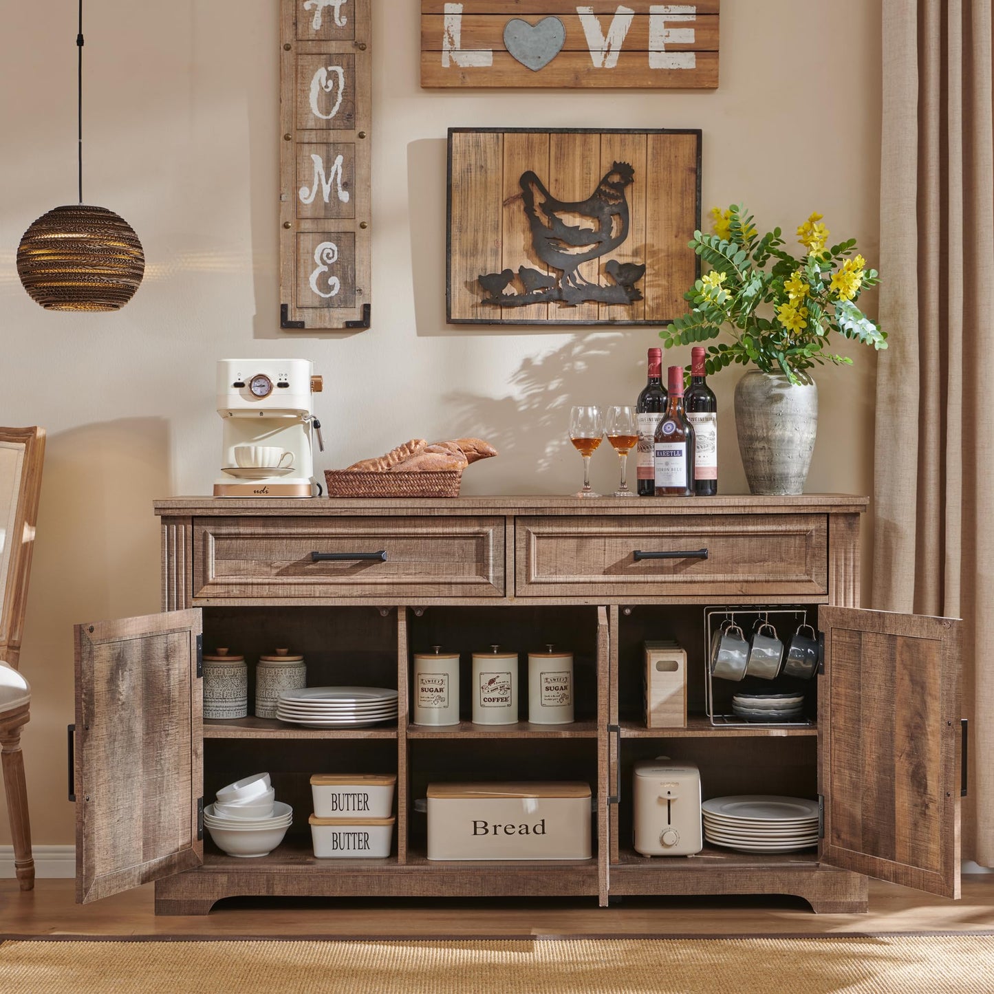 55" Large Buffet Sideboard Cabinet with 3 Doors and 2 Drawers, Buffet Table Coffee Bar Wine Bar Storage Cabinet for Dining Room, Living Room, Warm Brown