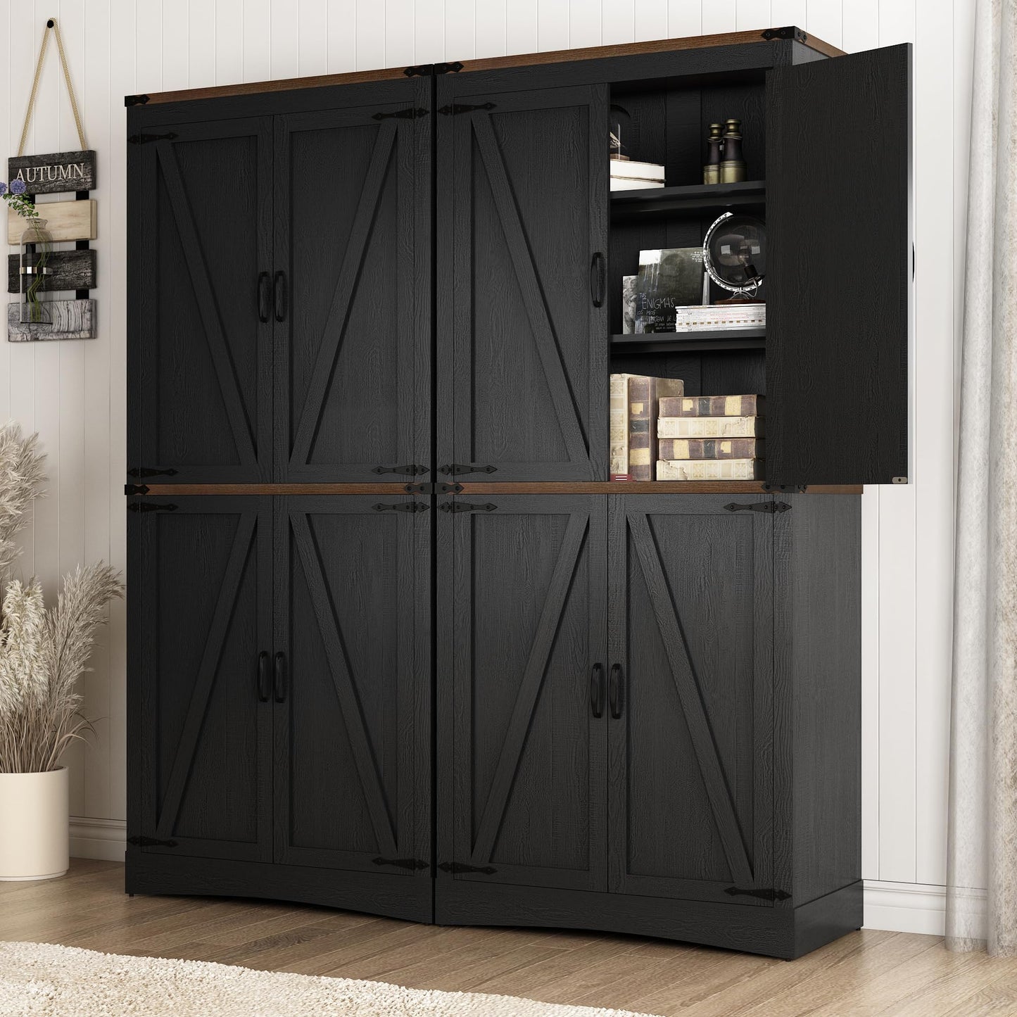 71" Tall Kitchen Pantry,Farmhouse Storage Cabinet with Adjustable Shelves,Load-Bearing Steel Pipe,Farmhouse Pantry Cabinet with 4 Barn Doors,for Kitchen,Dining Room,Living Room(Black)