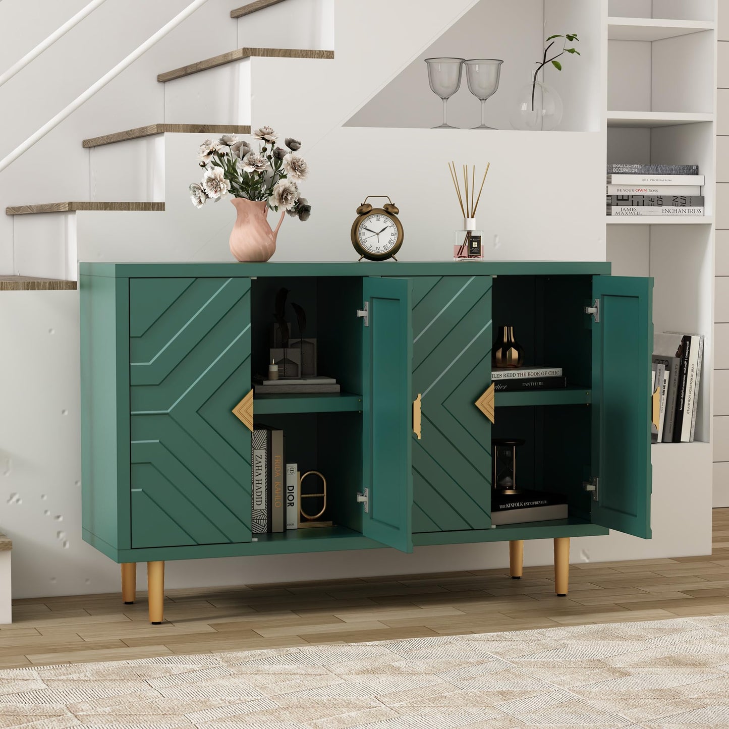 48" Accent Cabinet with 4 Doors and Shelves, Modern Sideboard Buffet Cabinet with Decorative Embossed Pattern Doors, Credenza Storage Cabinet for Living Room, Kitchen, Dining Room, Hallway