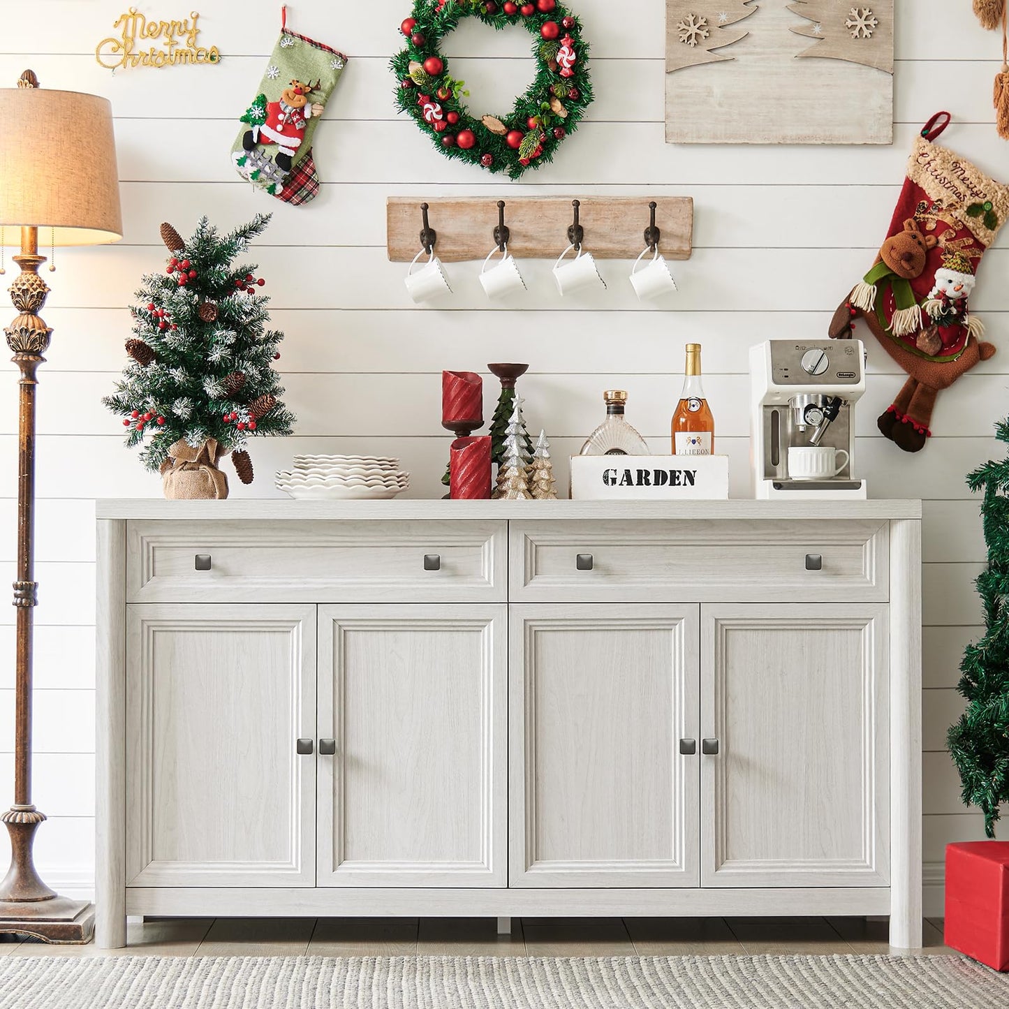 Farmhouse Sideboard Buffet with Drawers, 59" Large Credenza Storage Cabinet with Shelves & 4 Doors, Wood Rustic Kitchen Coffee Bar Console for Living Room, White