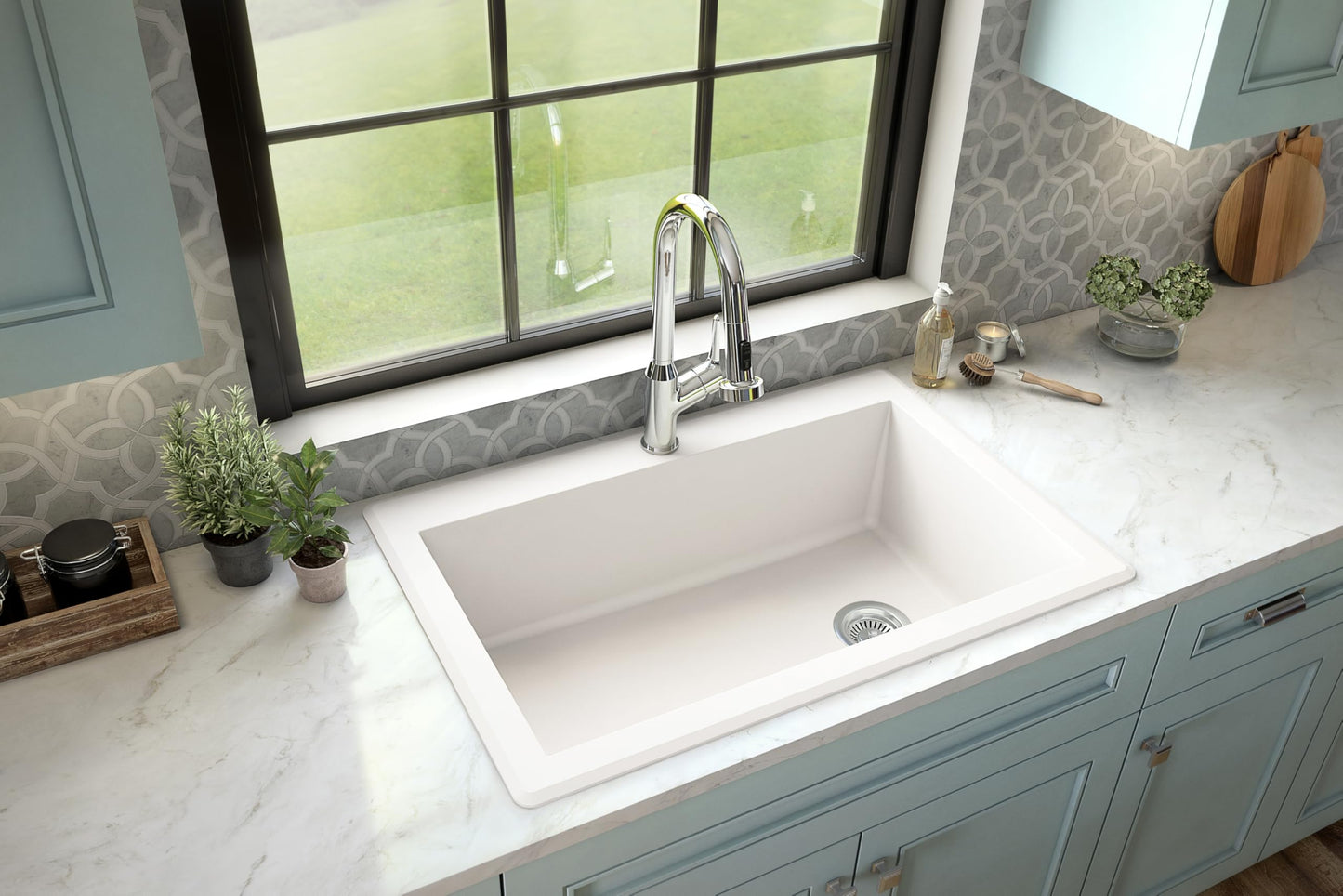 Drop-In Quartz Composite 33 in. 1-Hole Single Bowl Kitchen Sink in White