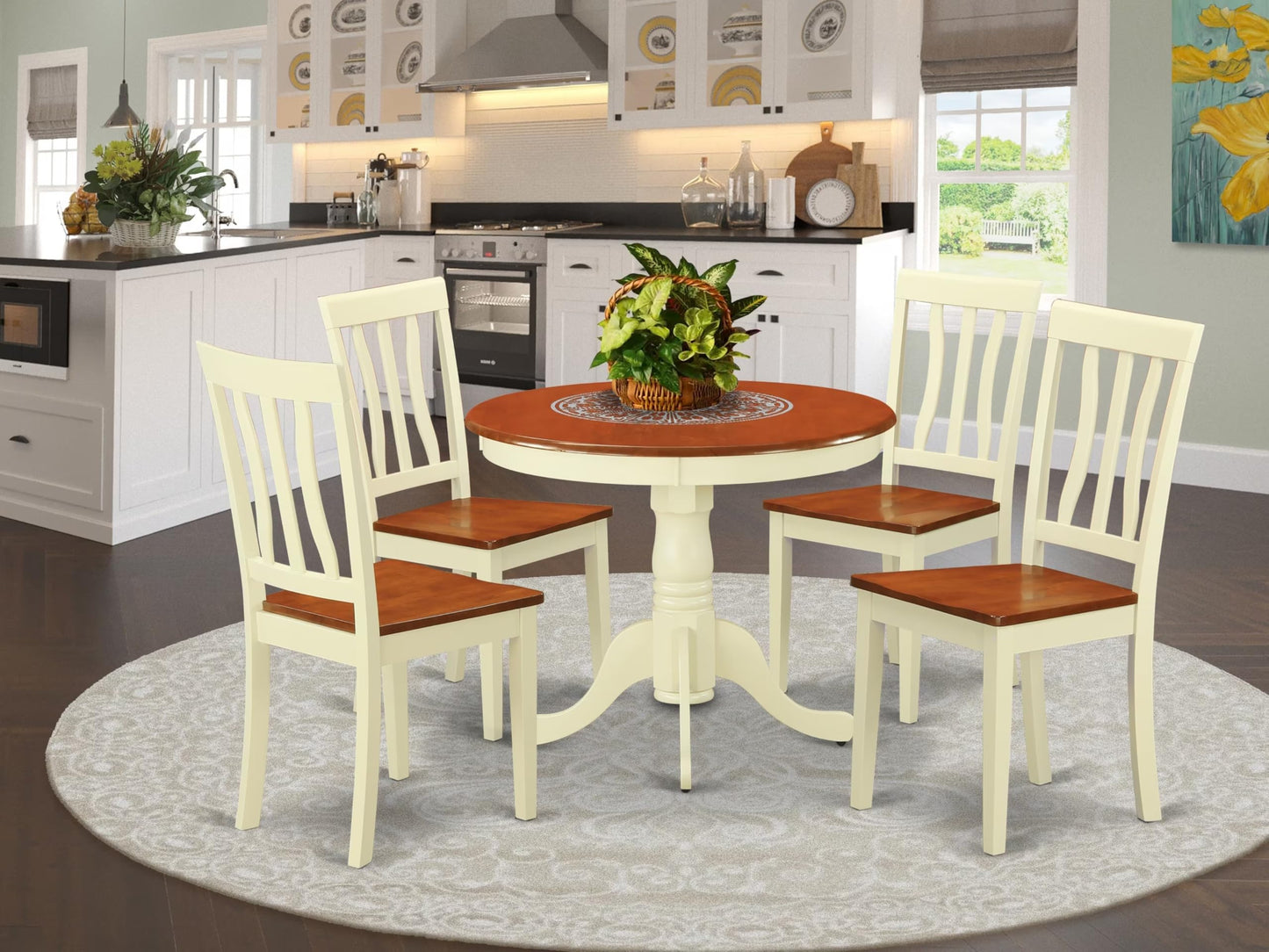 5 Piece Kitchen Table & Chairs Set Includes a Round Dining Room Table with Dropleaf and 4 Solid Wood Seat Chairs, 42x42 Inch, Buttermilk & Cherry