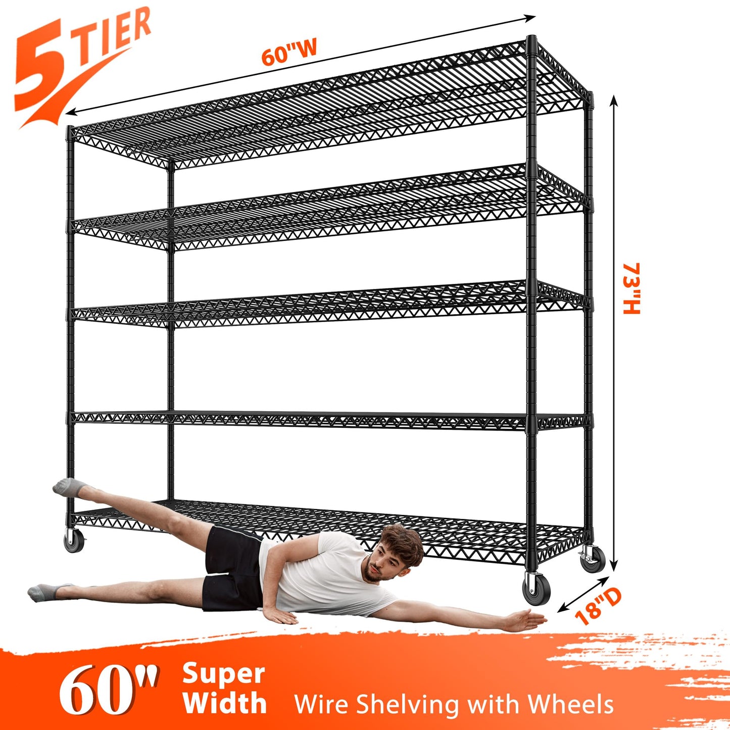 60" W Storage Shelves Wire Shelving with Wheels 3200 lbs Heavy Duty Steel Metal Shelving Unit Shelf Rack for Warehouses,Garage, Kitchen, School,Commercial,73" H X 60”W X 18" D