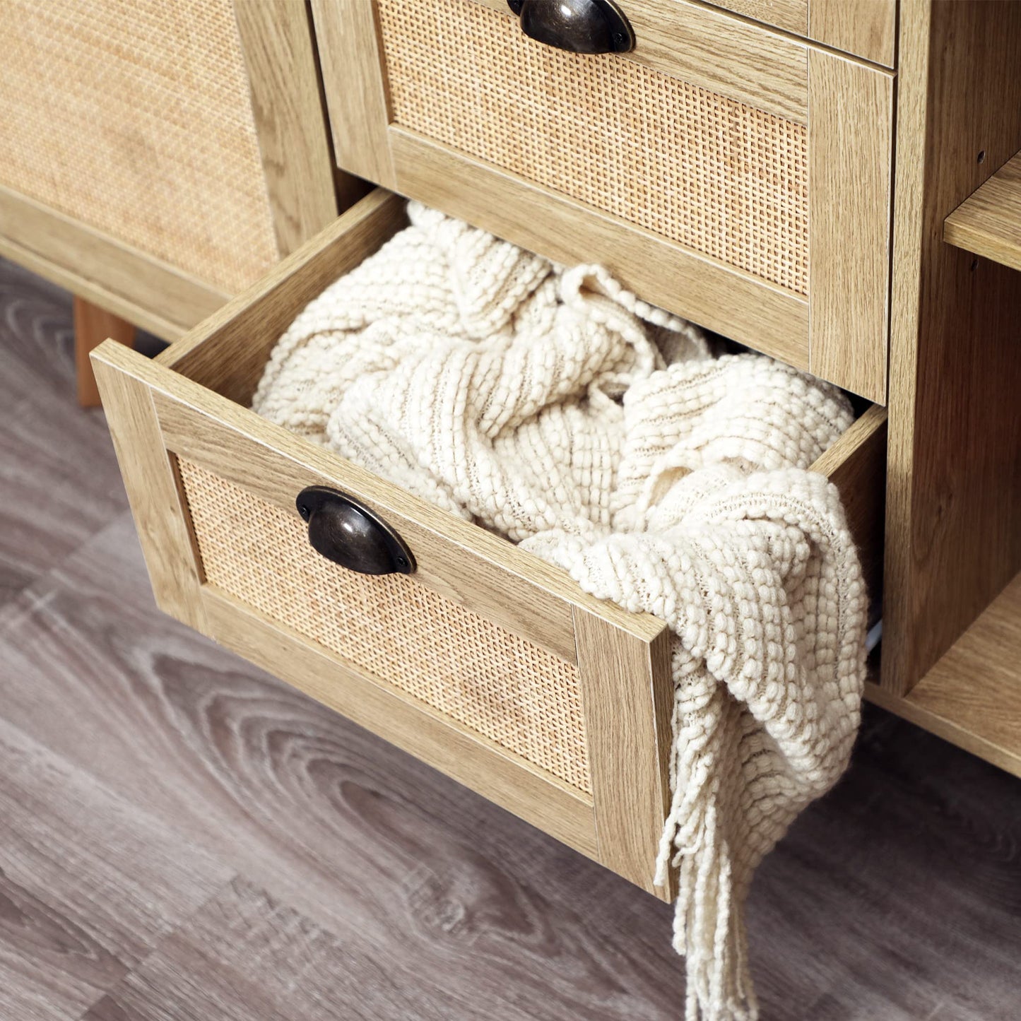 Rattan Sideboard Buffet Cabinet with Doors and Drawers, Console Table