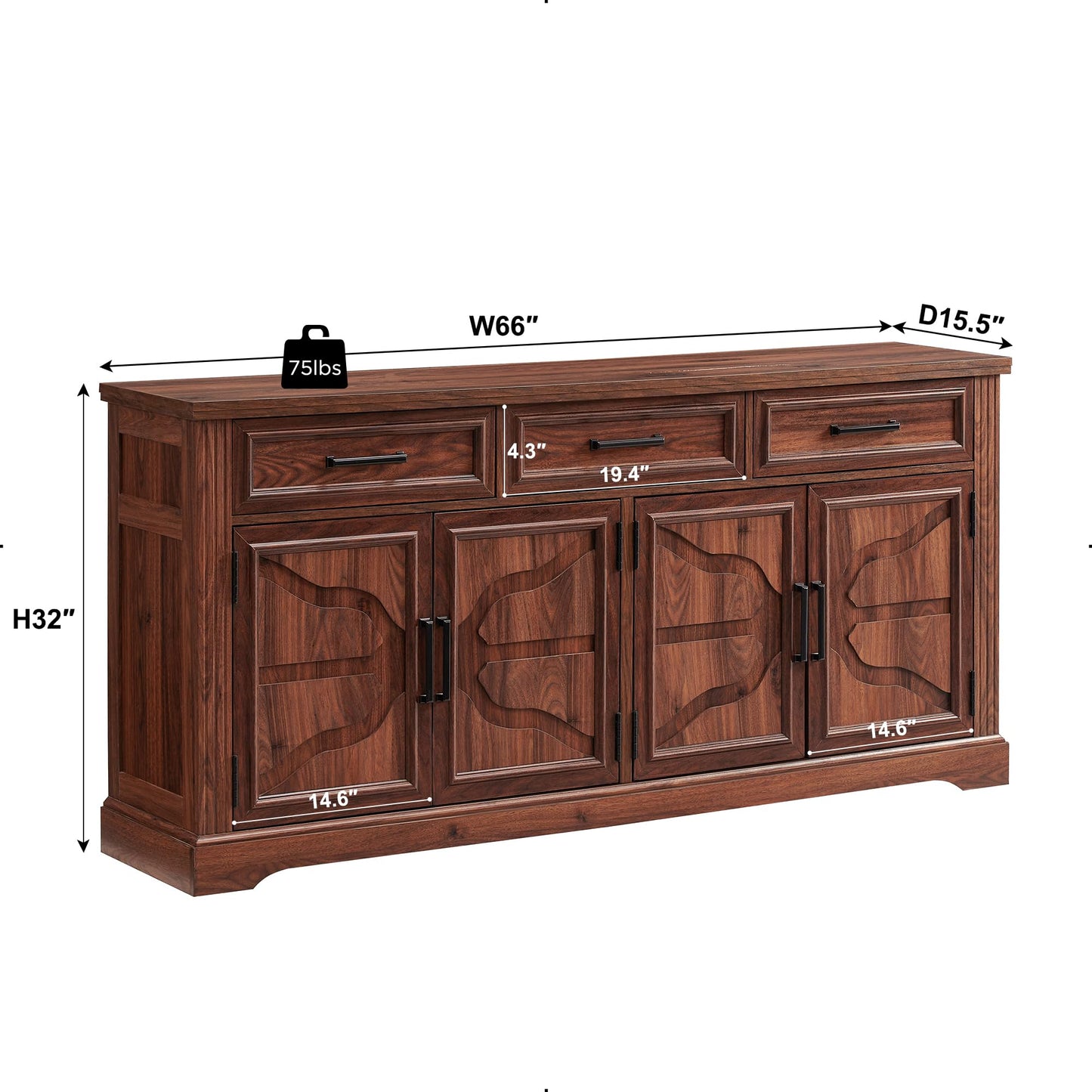 66" Large Buffet Sideboard Cabinet with 4 Doors and 3 Drawers, Buffet Table Coffee Bar Wine Bar Storage Cabinet for Dining Room, Living Room, Hallway, Dark Brown