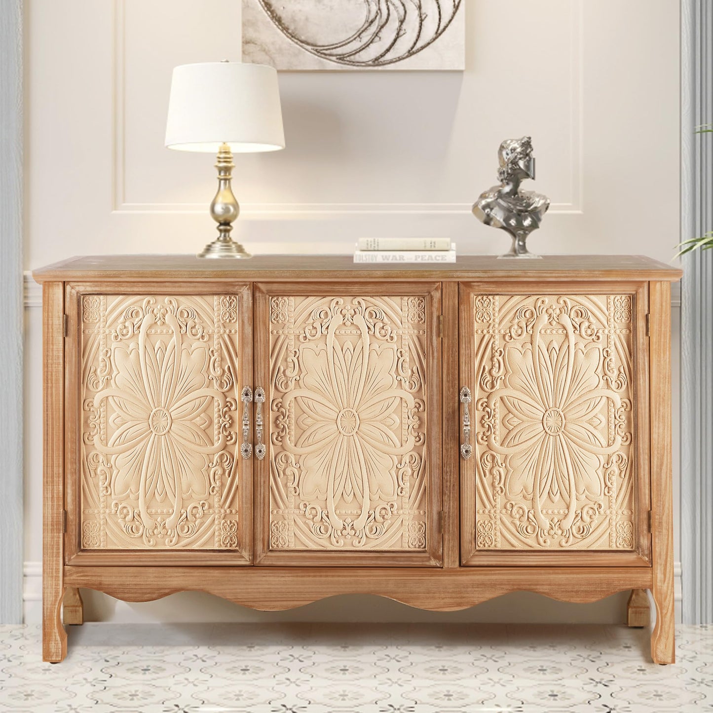 Solid Wood Sideboard Buffet Cabinet with Storage,49'' Farmhouse Credenza Accent Cabinet with 4 Doors, Console Table Entertaiment Center for Living Room, Entryway, Kitchen, Natural