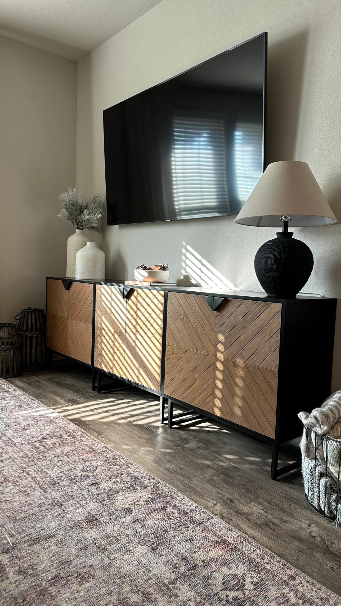 Enloe Modern Sideboard Buffet Storage Accent Cabinet Black with Doors in a Rustic Pine Wood Finish and Matte Metal Base for Hallway, Entryway, Kitchen or Living Room, Walnut Brown/Black